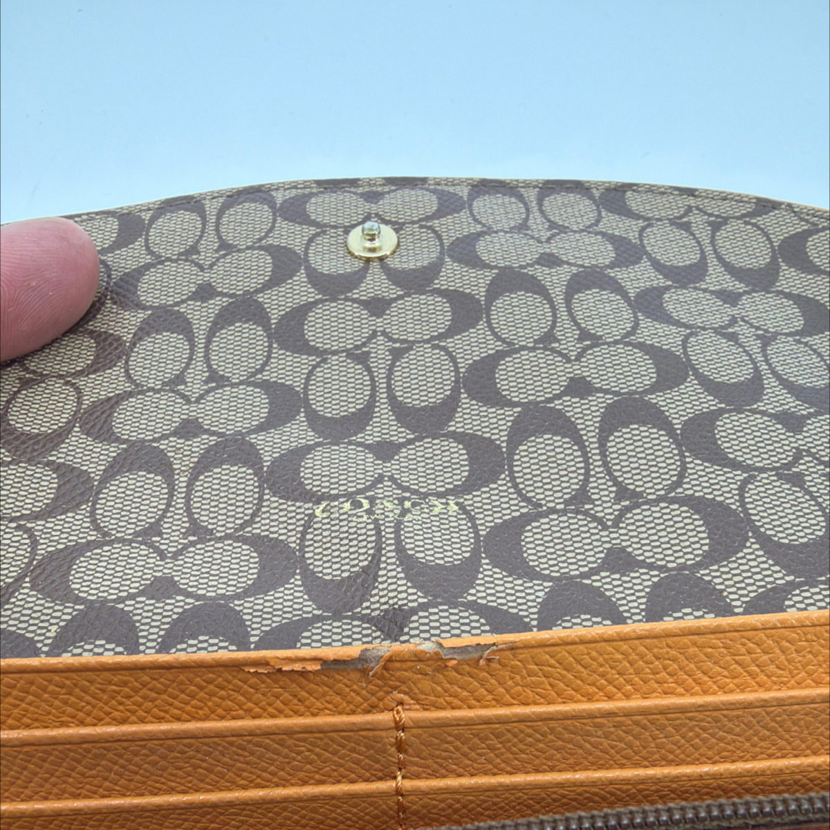 Coach Tan Pebbled Leather Signature Canvas Flap Wallet