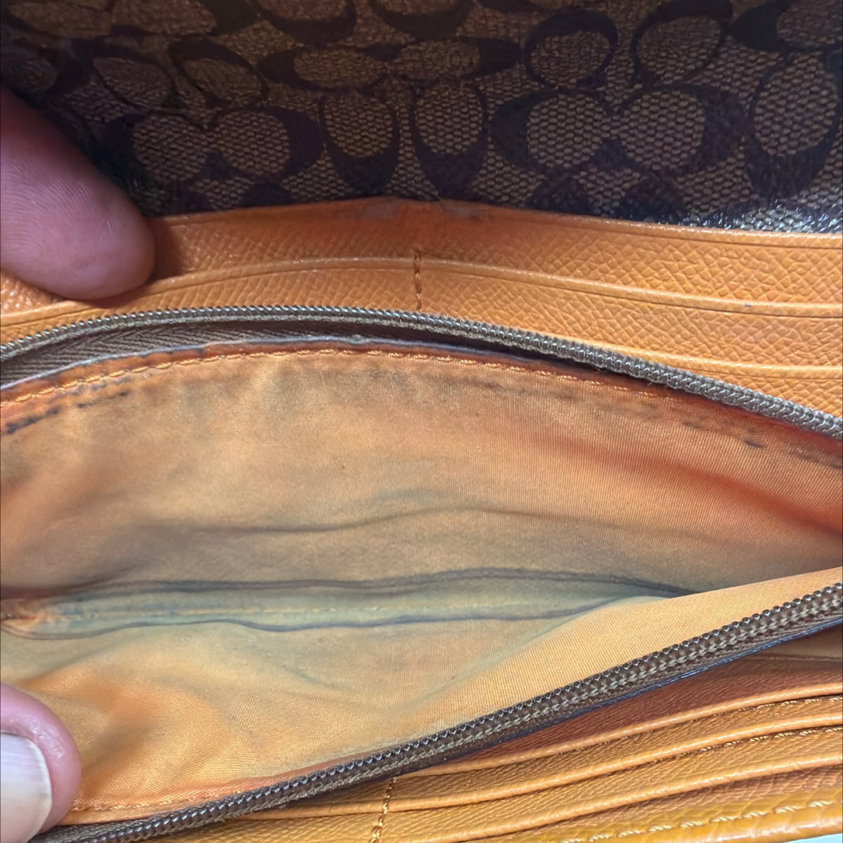 Coach Tan Pebbled Leather Signature Canvas Flap Wallet