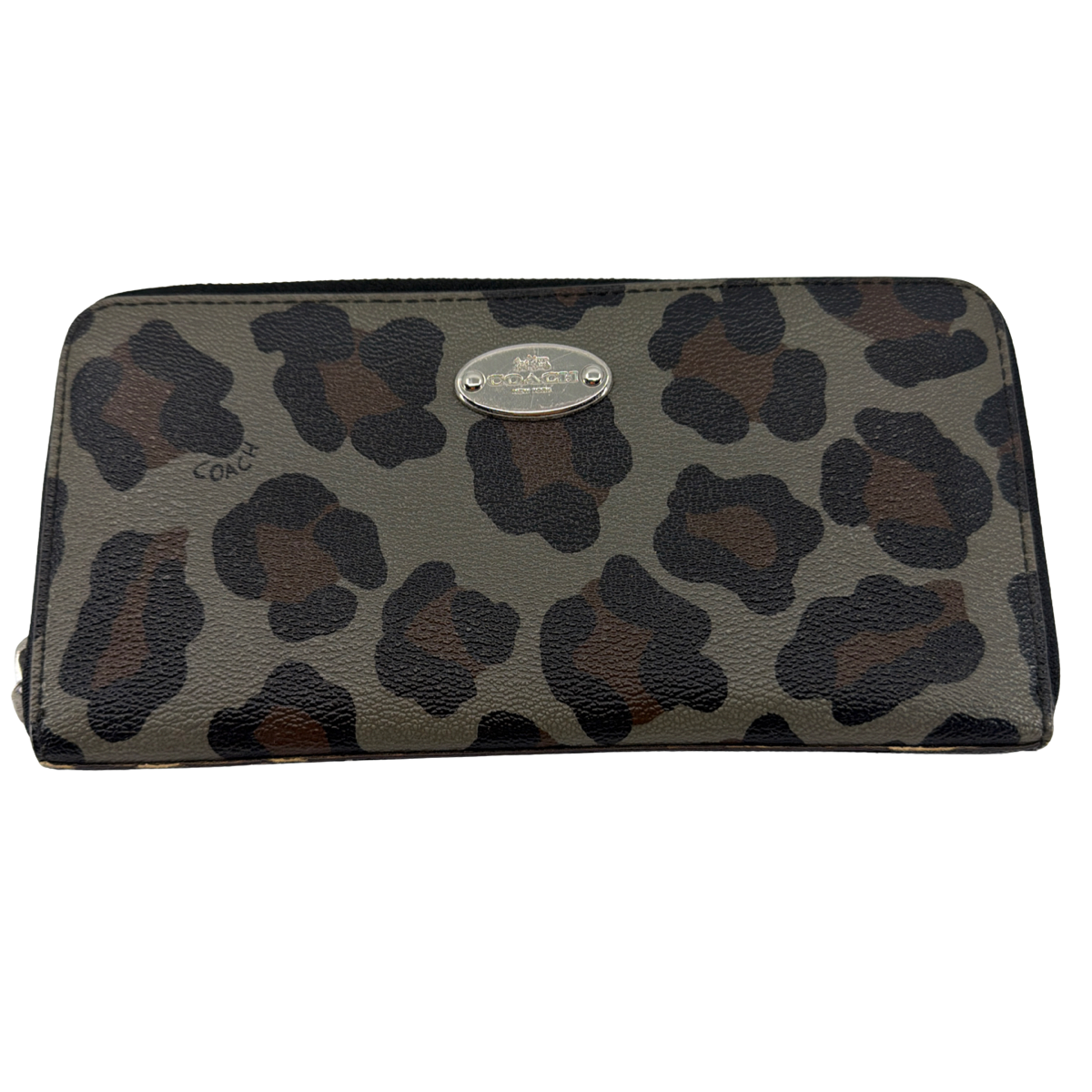 Coach Zip Around Grey Leopard Print Coated Canvas Wallet