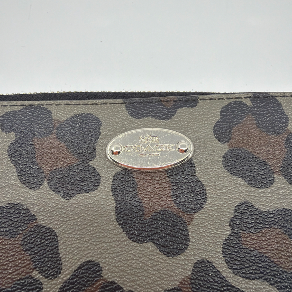 Coach Zip Around Grey Leopard Print Coated Canvas Wallet