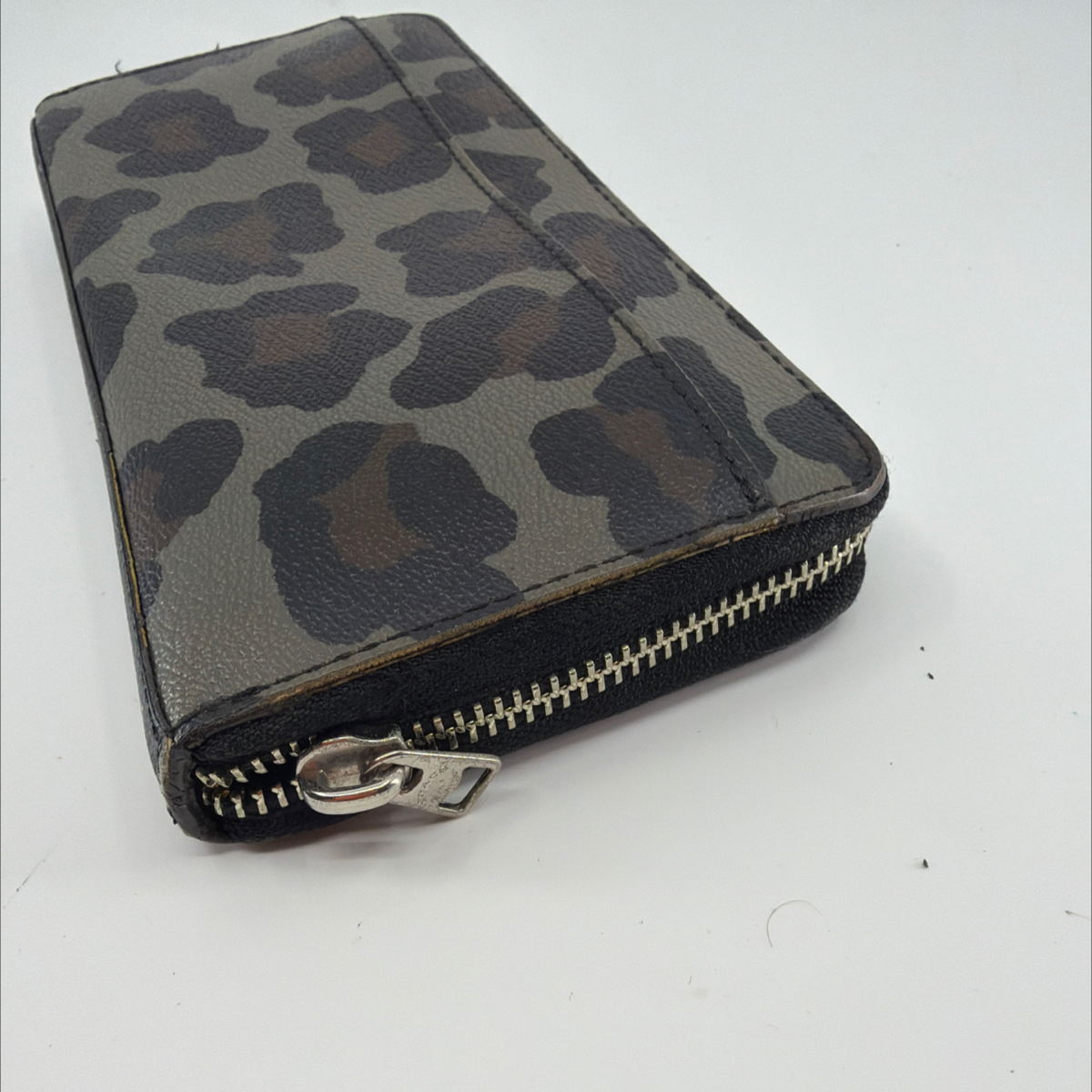 Coach Zip Around Grey Leopard Print Coated Canvas Wallet