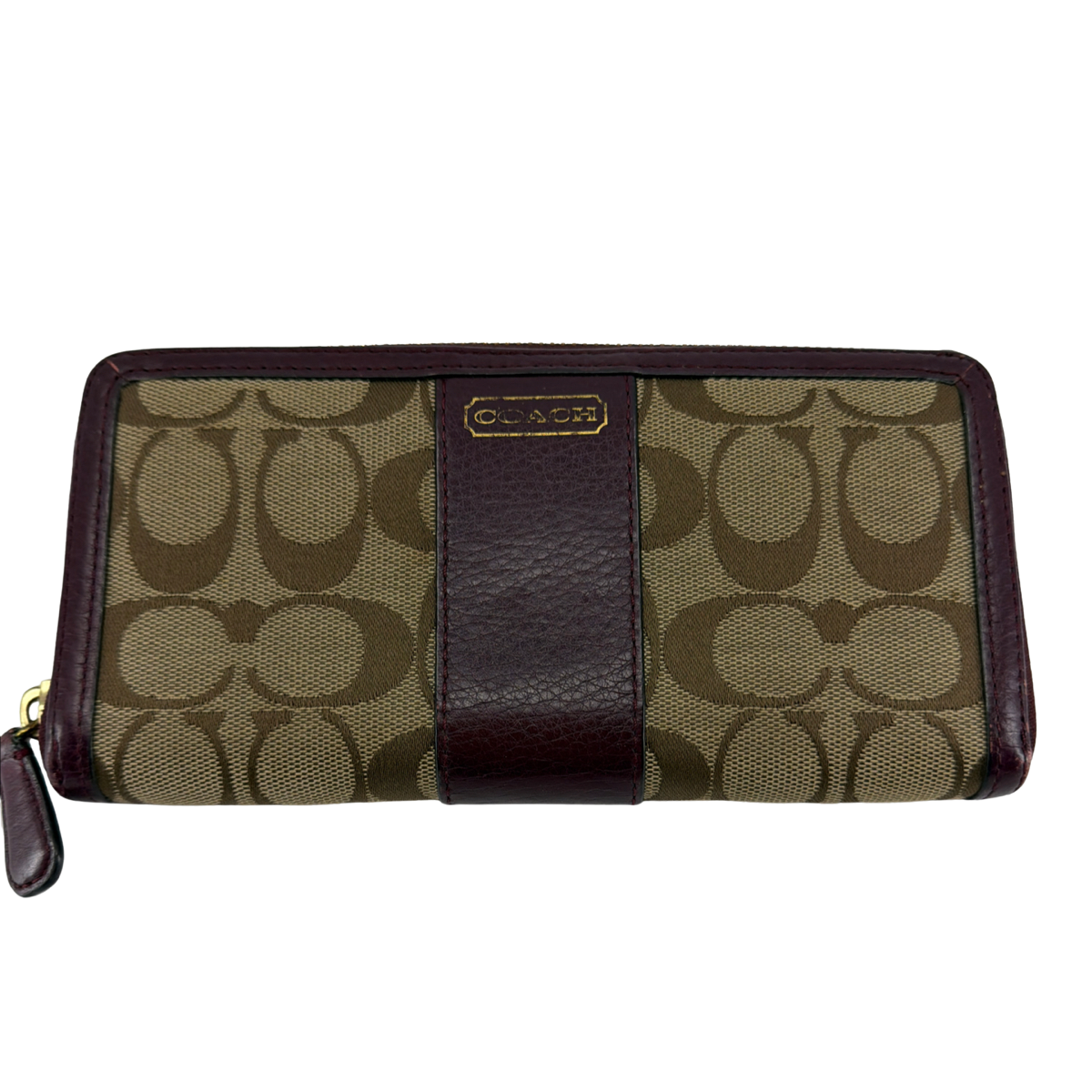 Coach Signature C Accordion Zip Khaki Burgundy Canvas Wallet