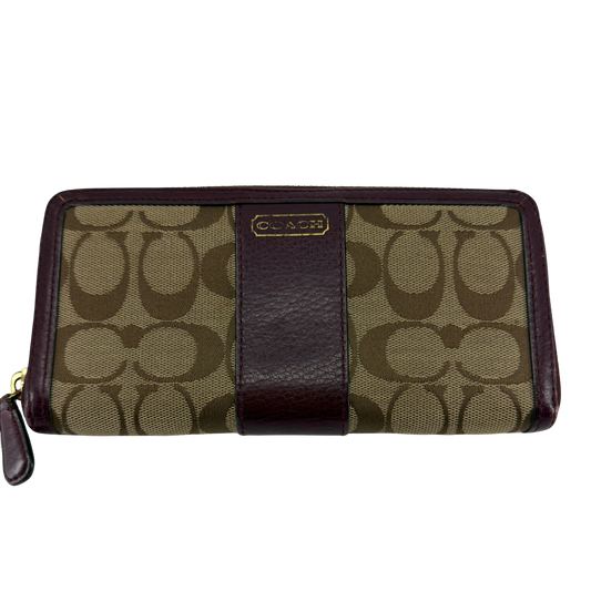 Coach Signature C Accordion Zip Khaki Burgundy Canvas Wallet
