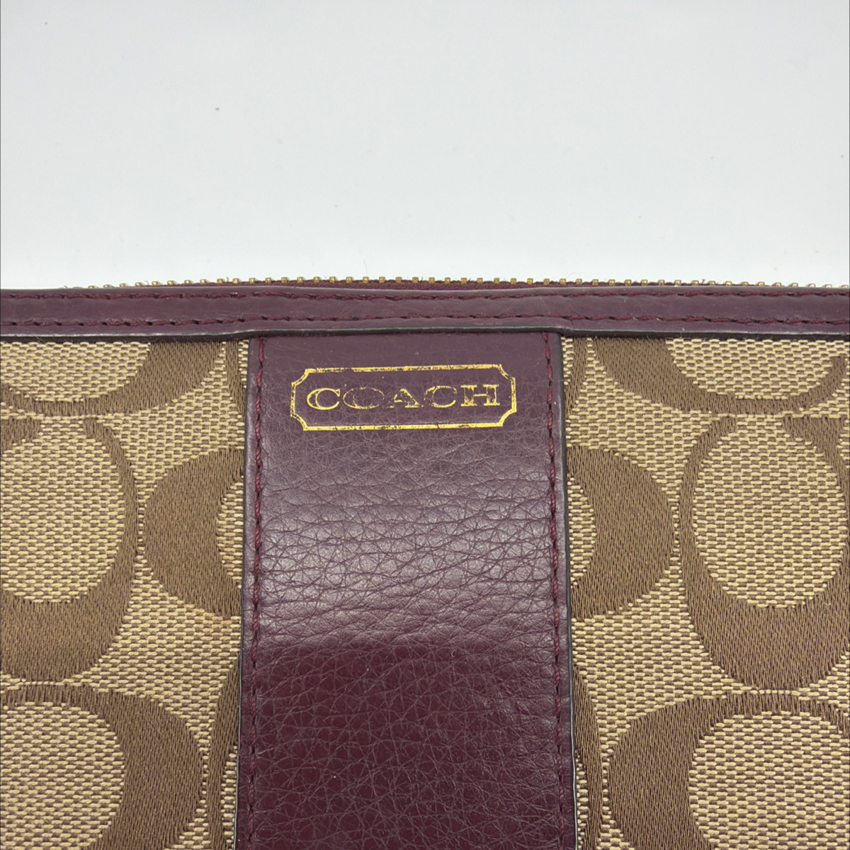 Coach Signature C Accordion Zip Khaki Burgundy Canvas Wallet