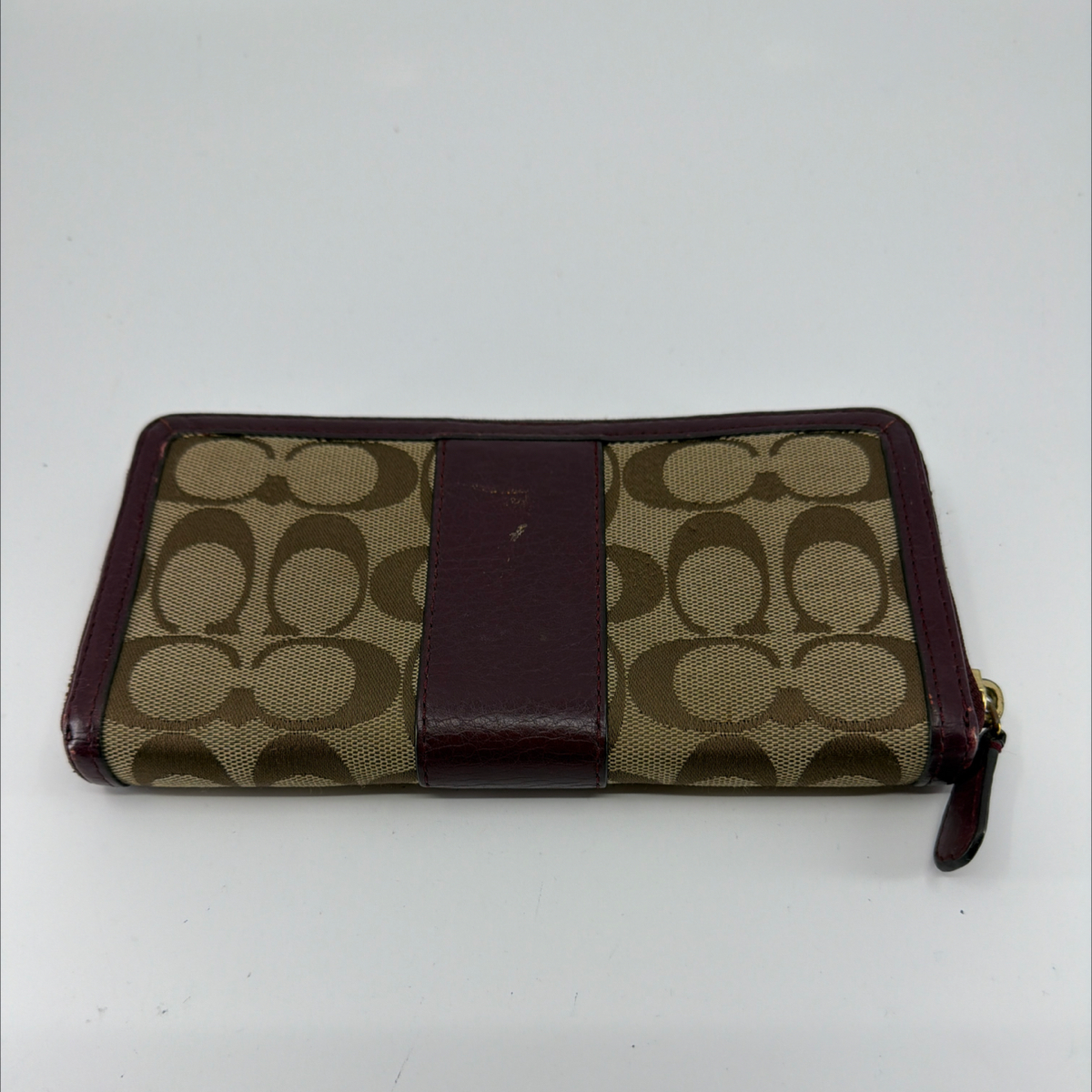 Coach Signature C Accordion Zip Khaki Burgundy Canvas Wallet