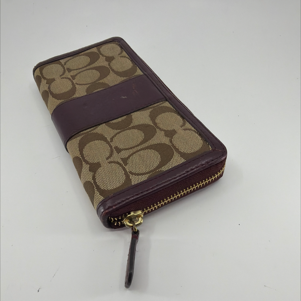 Coach Signature C Accordion Zip Khaki Burgundy Canvas Wallet