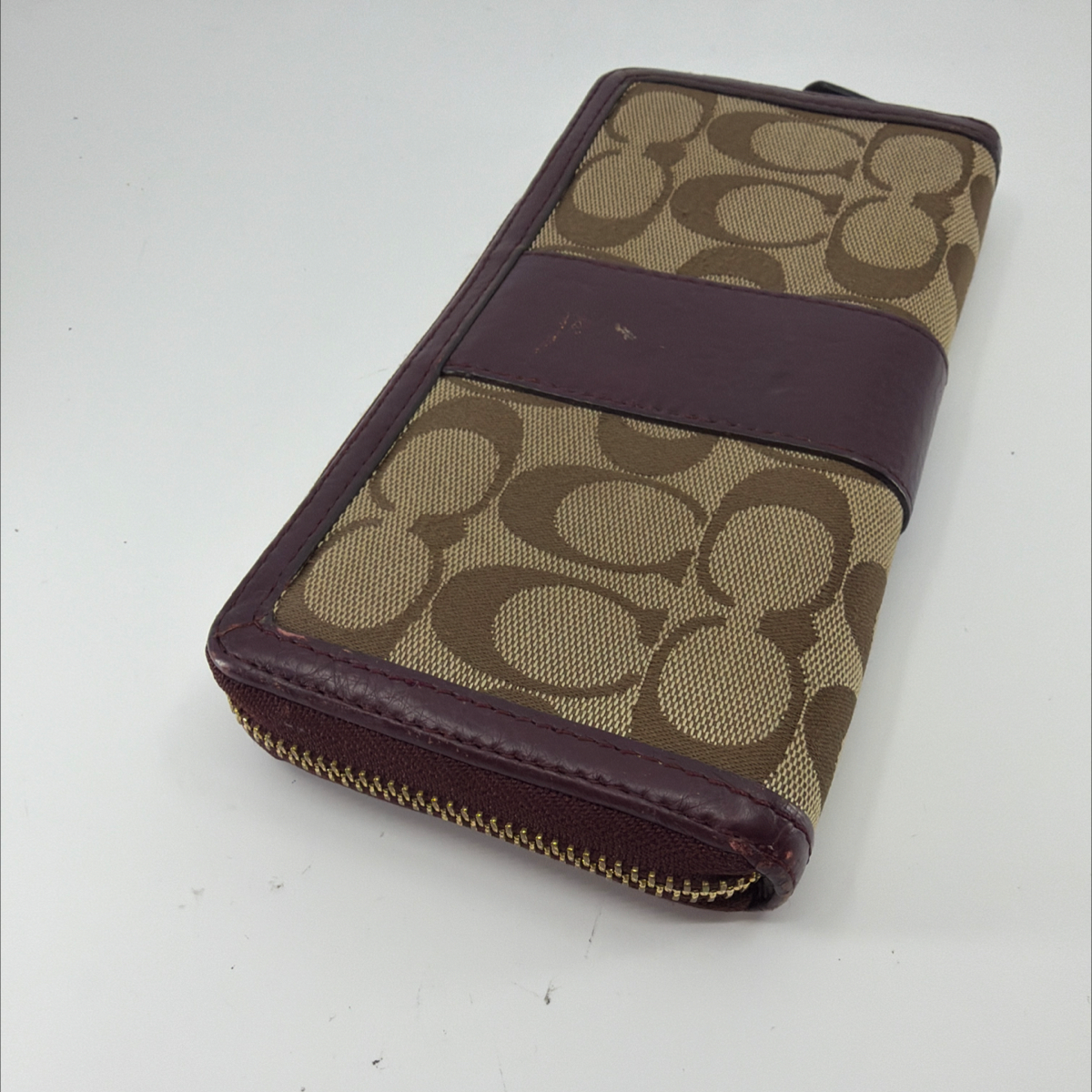 Coach Signature C Accordion Zip Khaki Burgundy Canvas Wallet