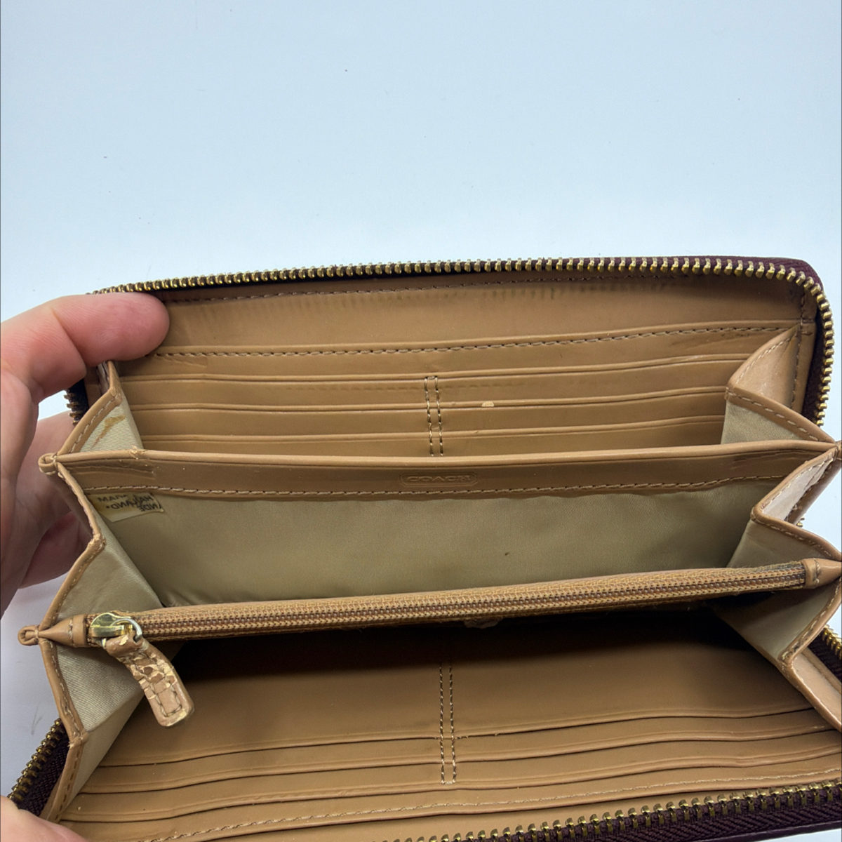 Coach Signature C Accordion Zip Khaki Burgundy Canvas Wallet