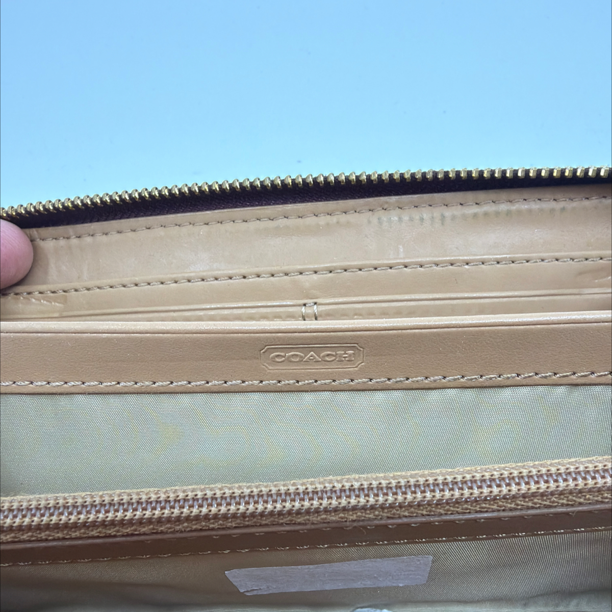 Coach Signature C Accordion Zip Khaki Burgundy Canvas Wallet