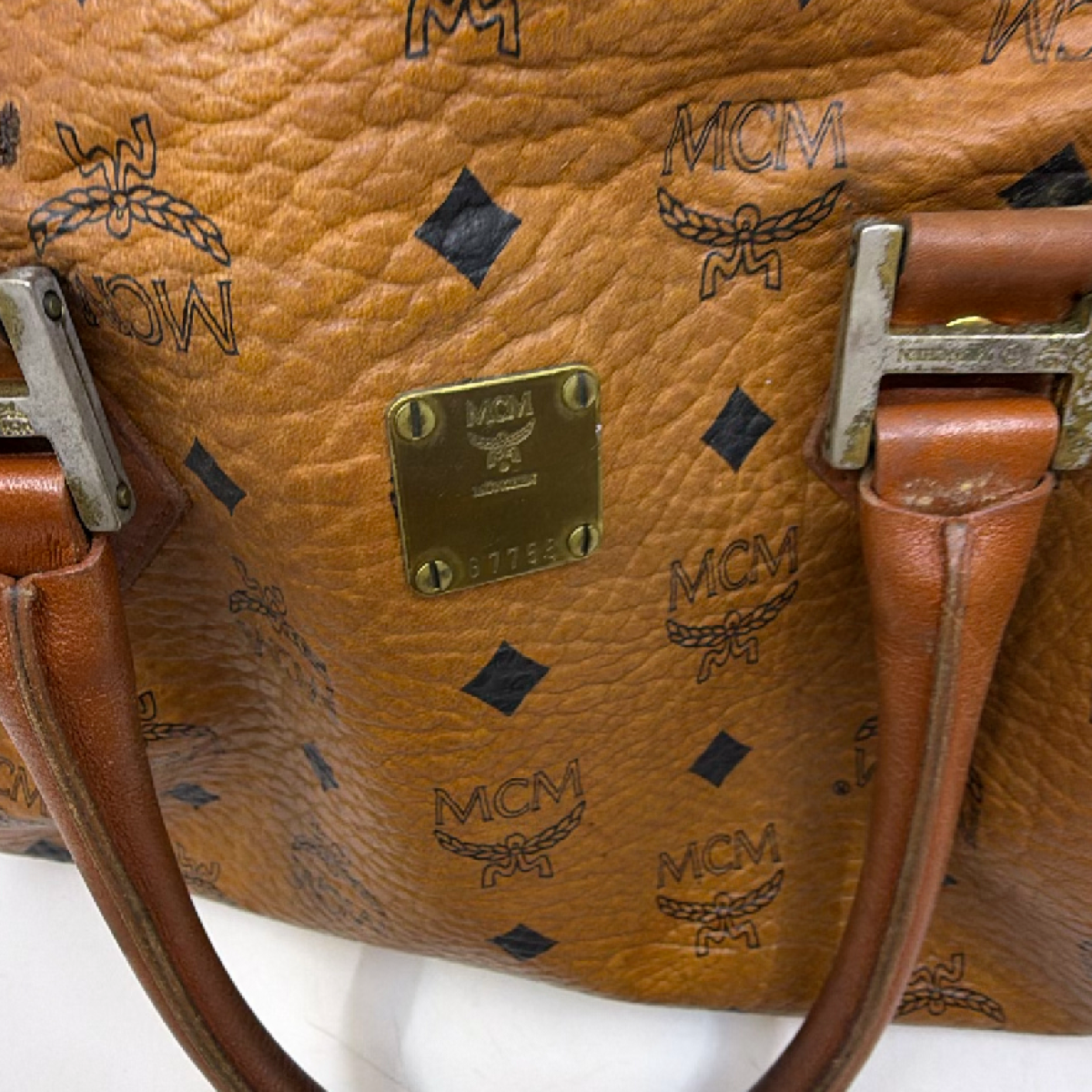 MCM Boston Bag Cognac Visetos Coated Canvas Handbag