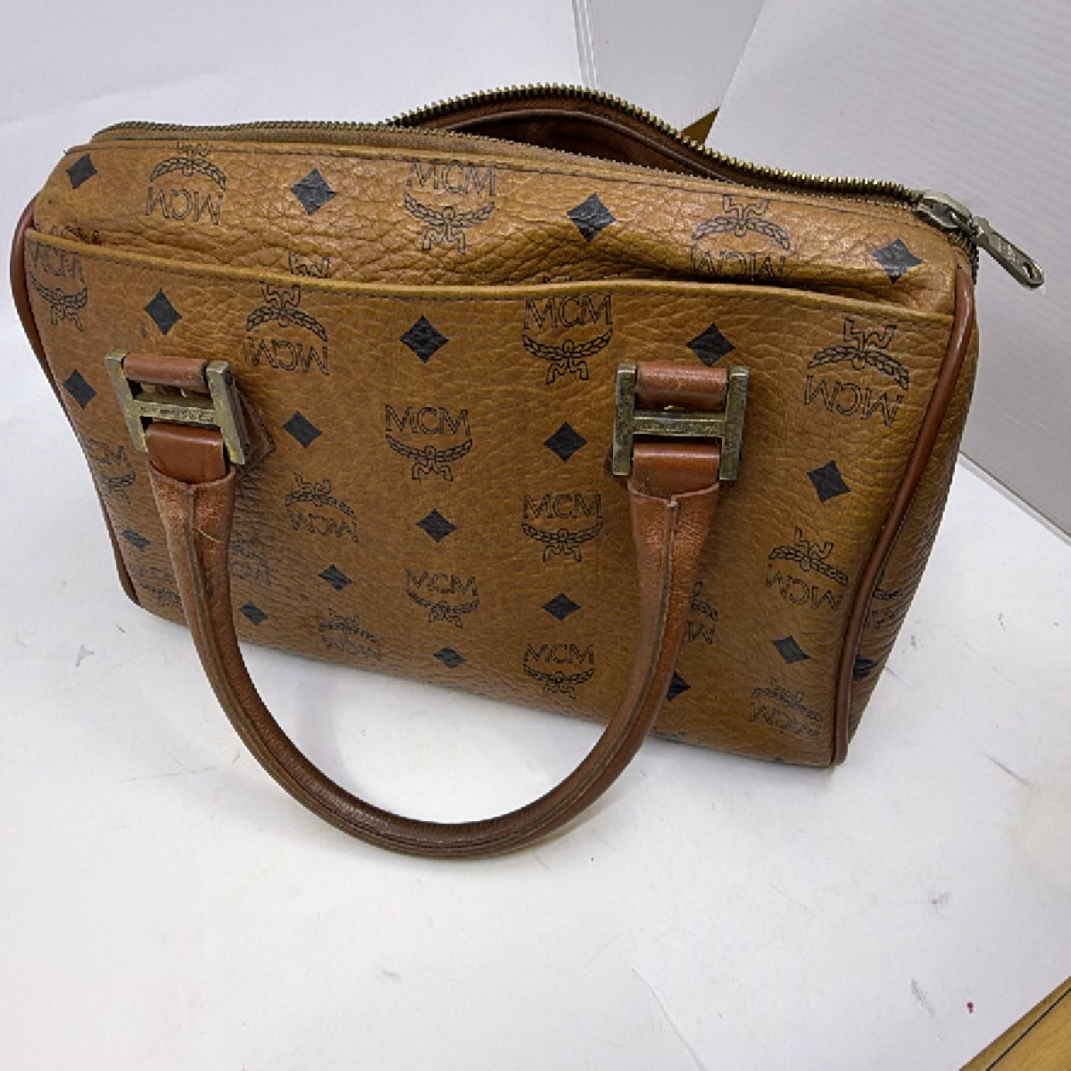 MCM Boston Bag Cognac Visetos Coated Canvas Handbag