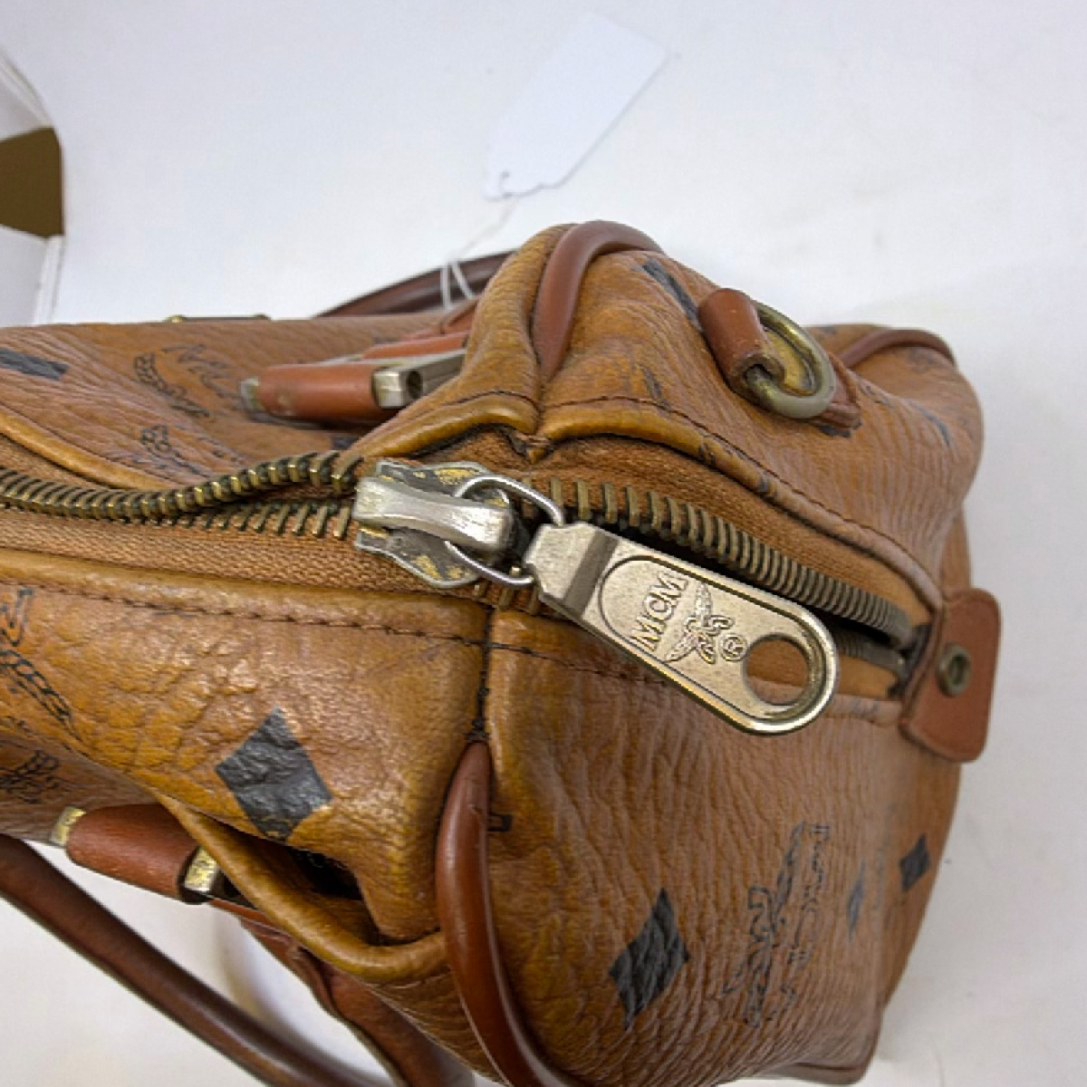 MCM Boston Bag Cognac Visetos Coated Canvas Handbag