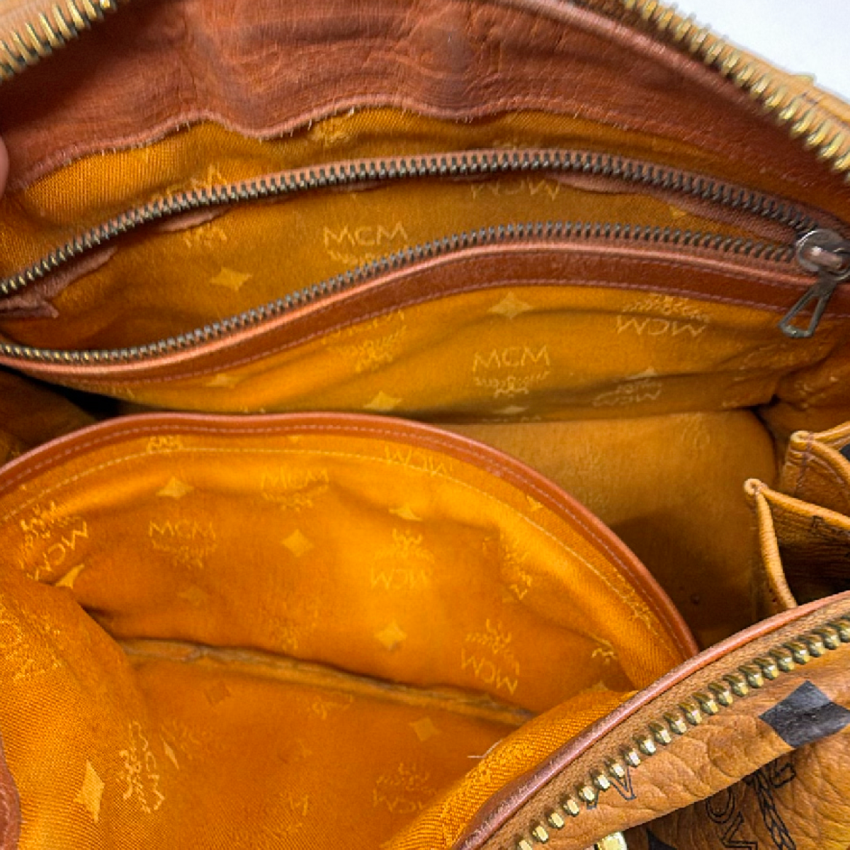 MCM Boston Bag Cognac Visetos Coated Canvas Handbag