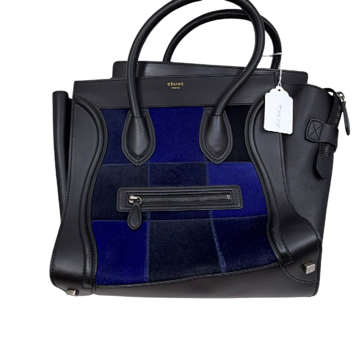 Celine Luggage Tote Black Blue Leather Calf Hair Handbag