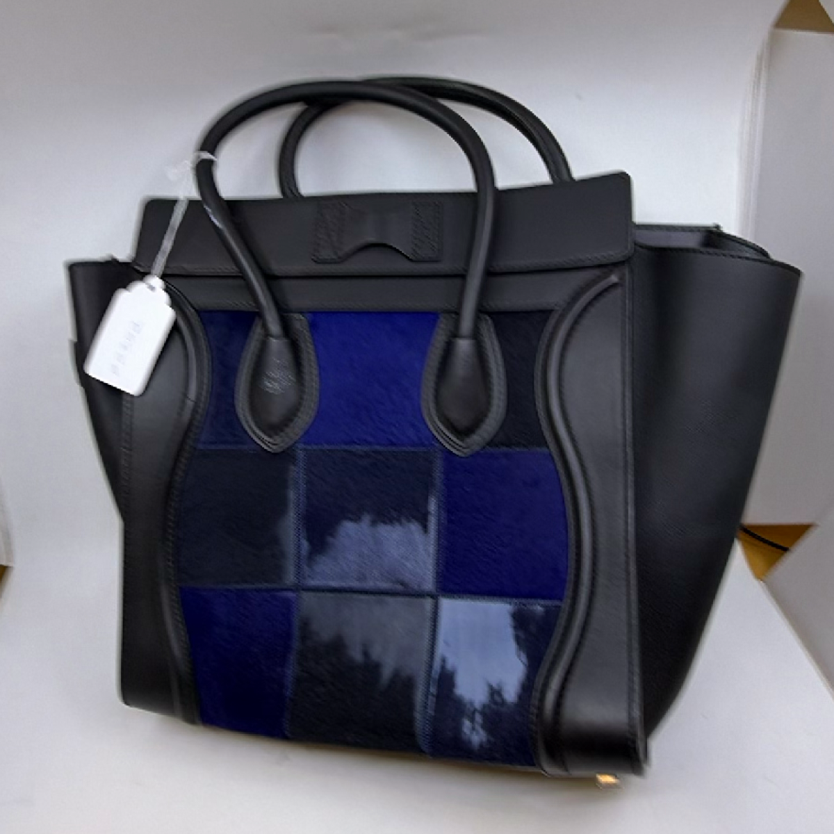 Celine Luggage Tote Black Blue Leather Calf Hair Handbag