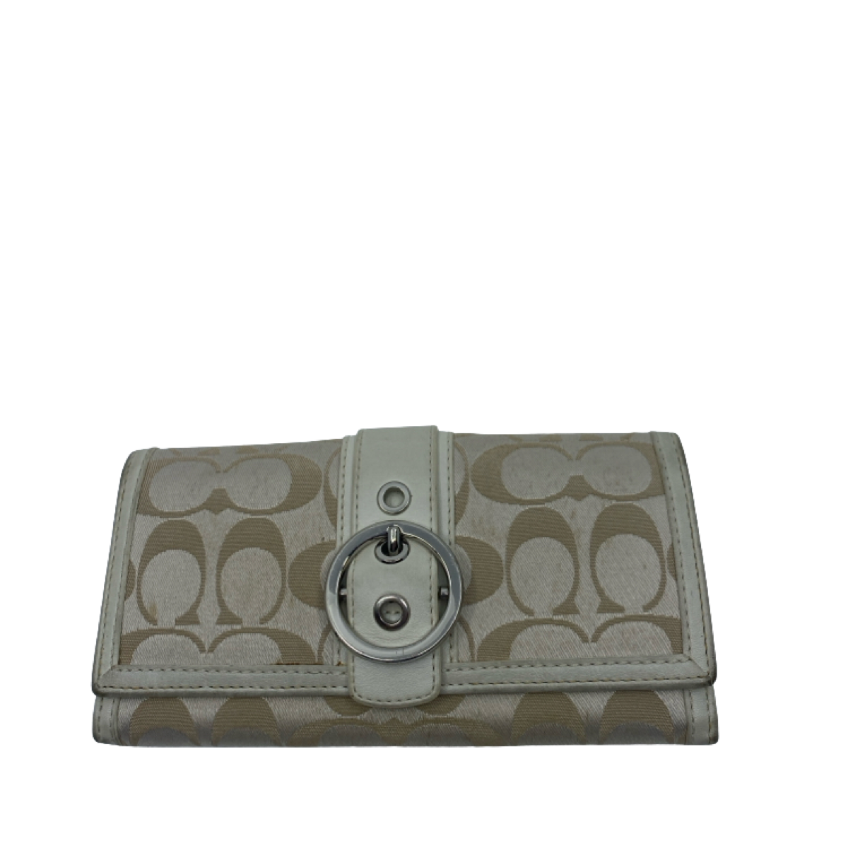 Coach Signature C Buckle Flap Beige Cream Canvas Leather Wallet