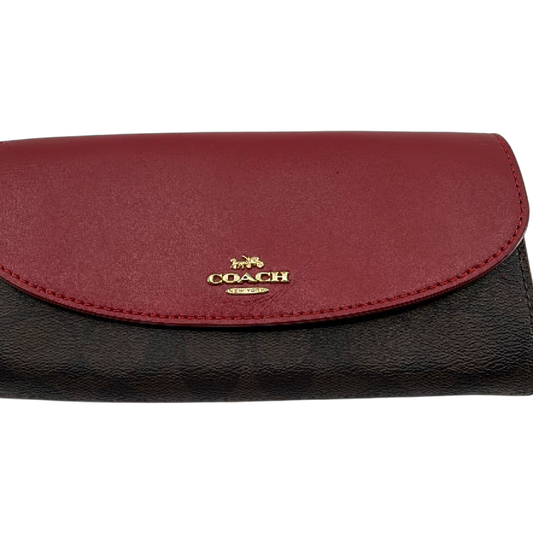 Coach Signature Flap Brown Burgundy Coated Canvas Leather Wallet