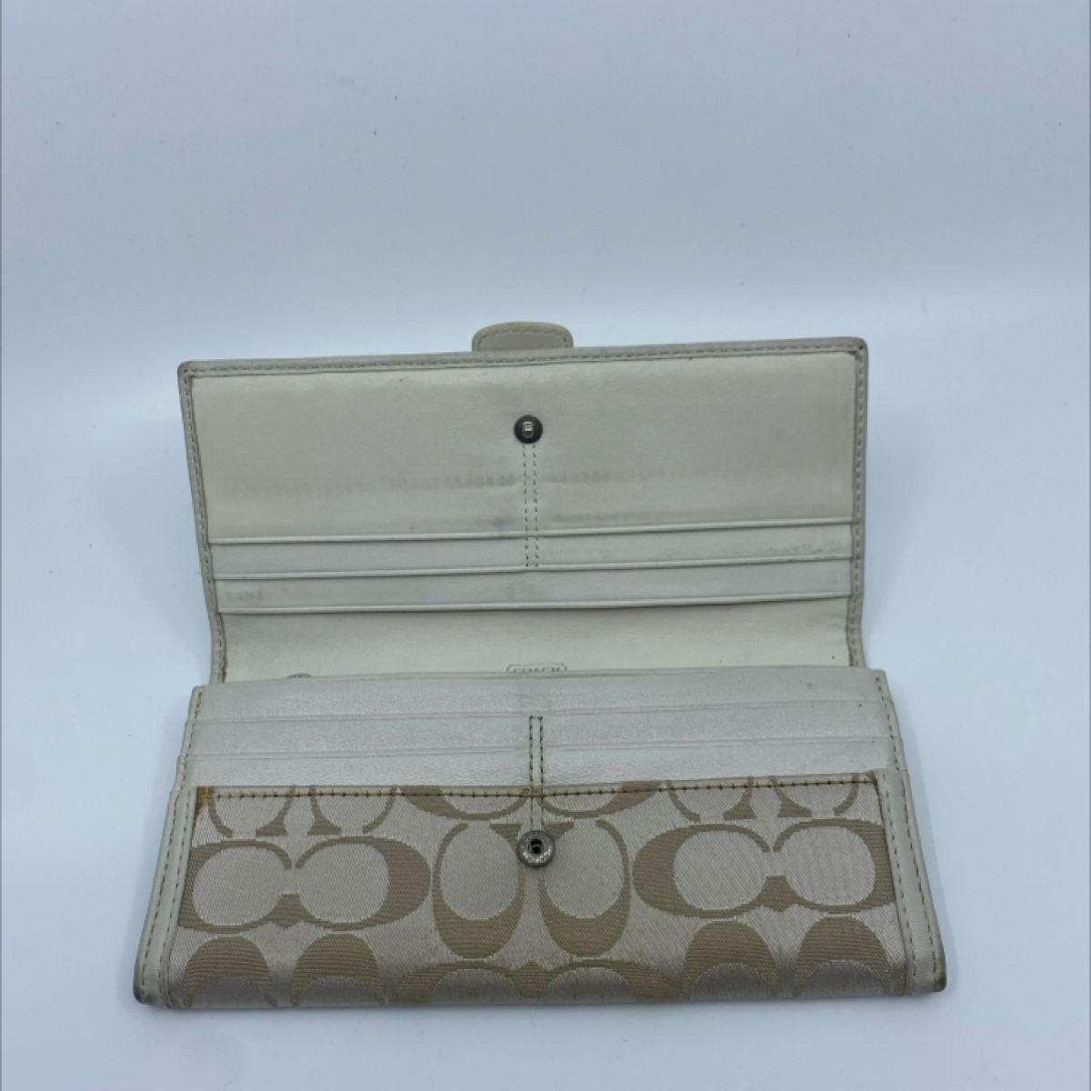 Coach Signature C Buckle Flap Beige Cream Canvas Leather Wallet