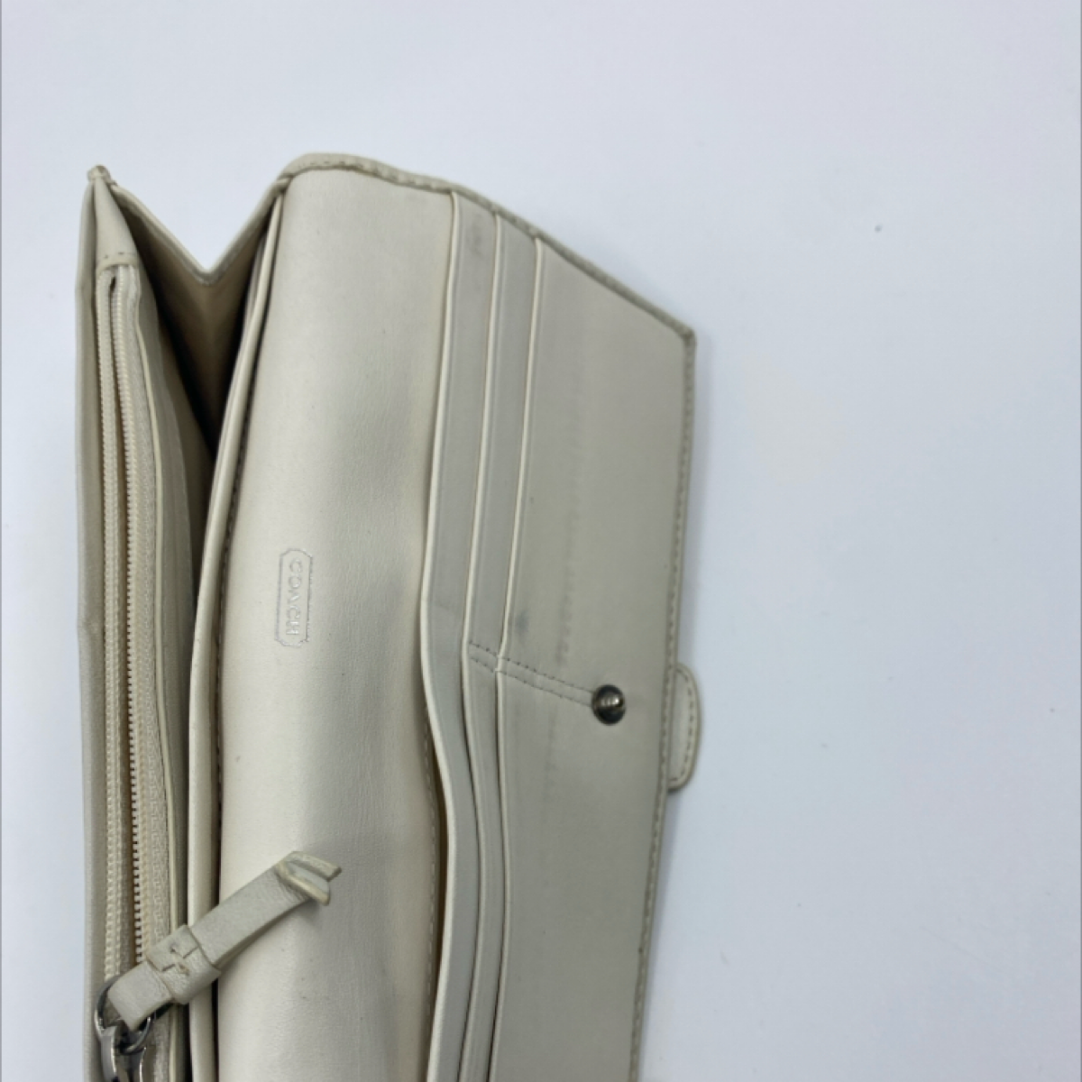 Coach Signature C Buckle Flap Beige Cream Canvas Leather Wallet