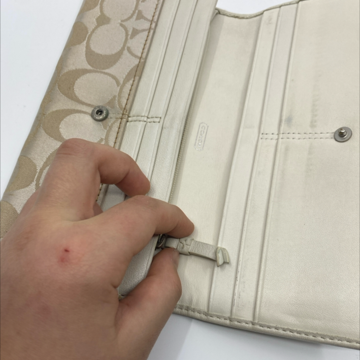 Coach Signature C Buckle Flap Beige Cream Canvas Leather Wallet
