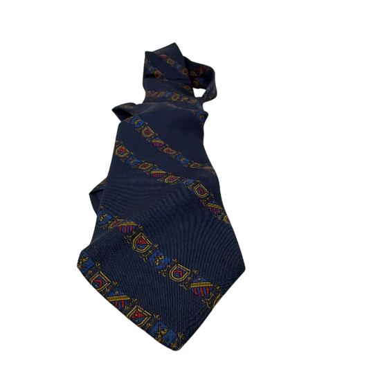 Elite Heraldic Crest Pattern Blue Silk Necktie