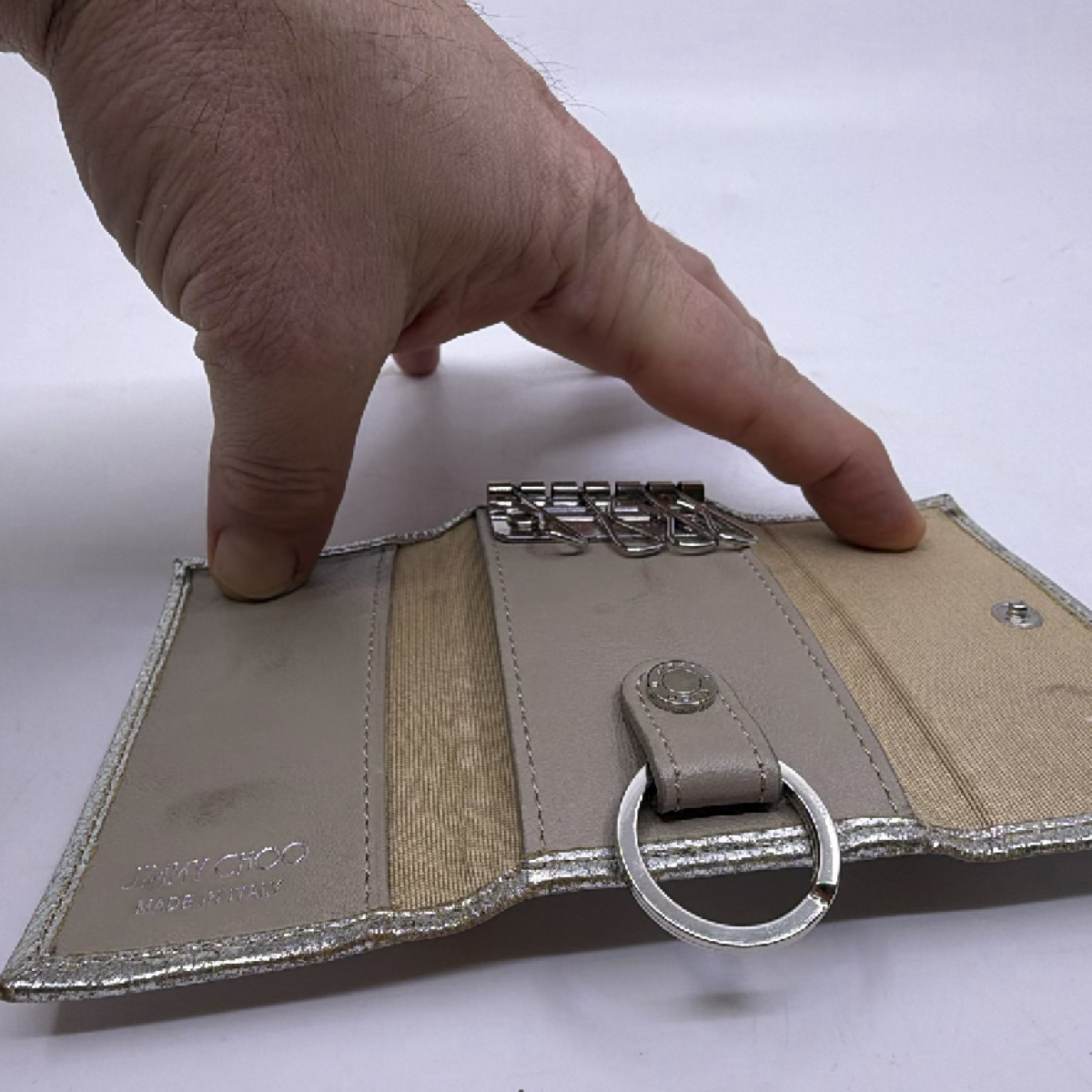 Jimmy Choo Star Stud Silver Metallic Leather Key Case