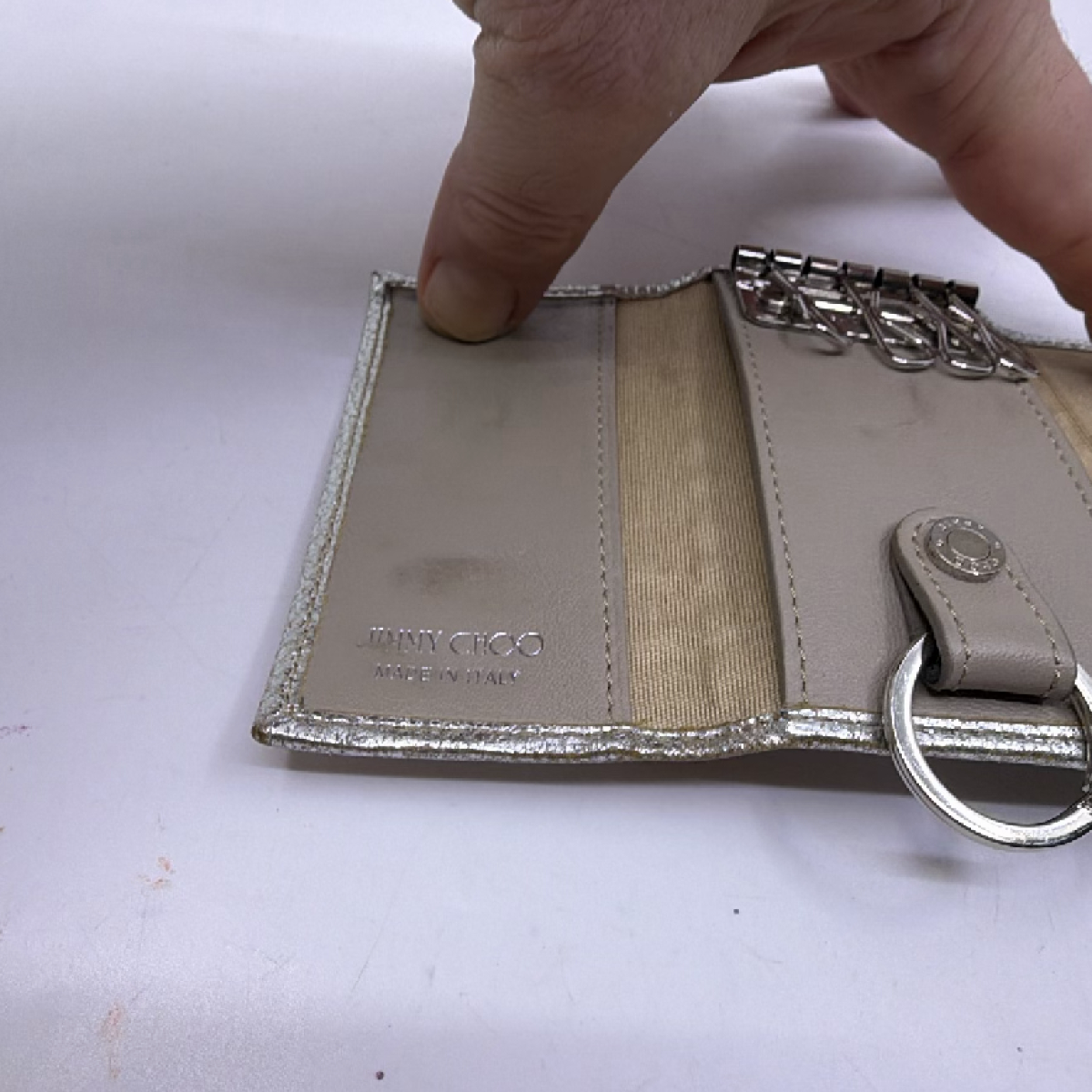 Jimmy Choo Star Stud Silver Metallic Leather Key Case