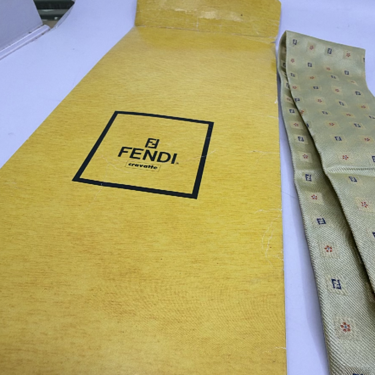 Fendi FF Logo Pattern Yellow Silk Twill Tie