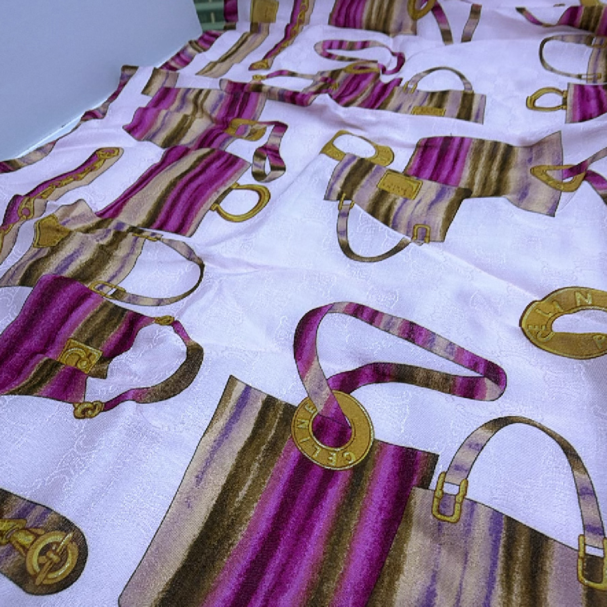 Celine Bag & Belt Print Pink Cotton 58cm Scarf