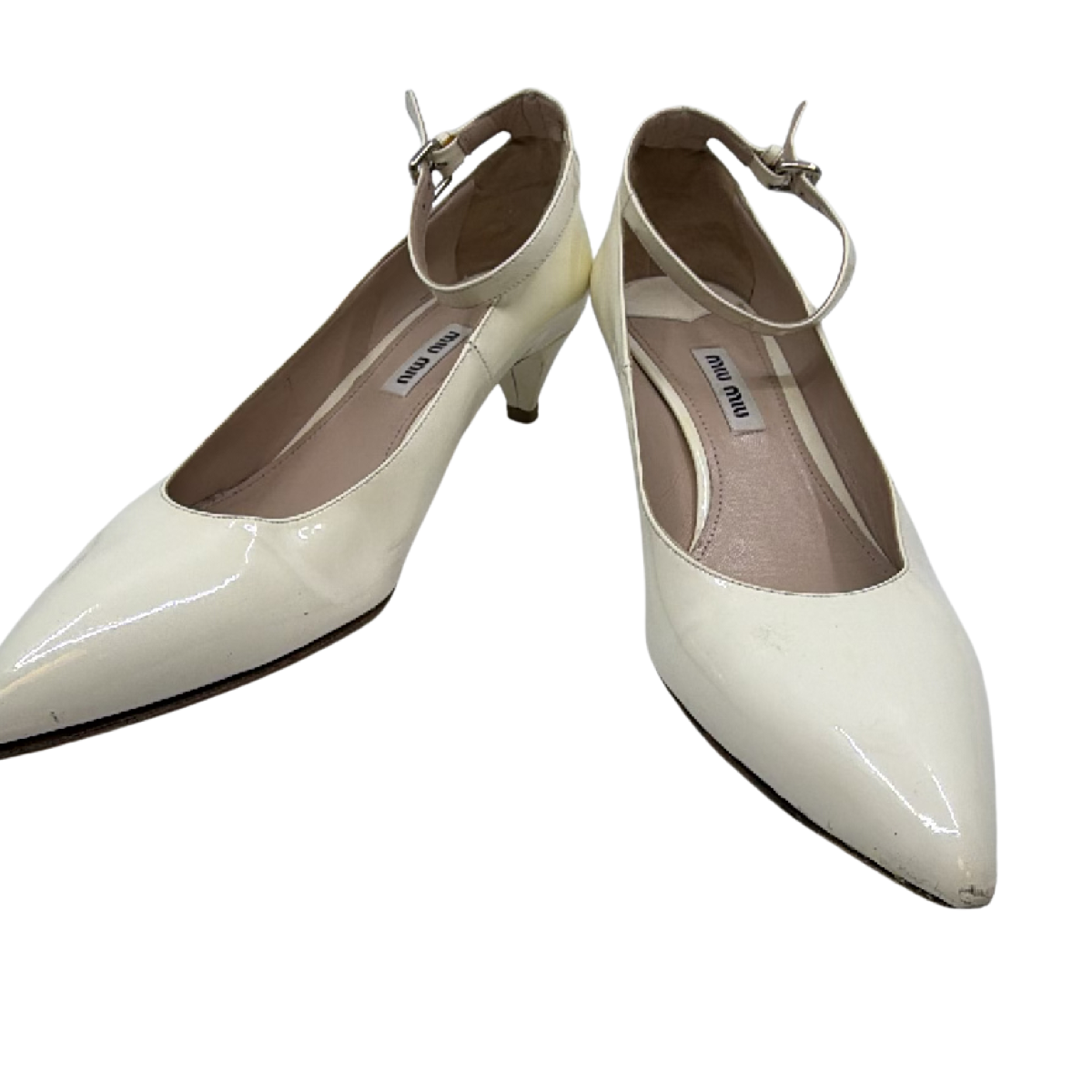Miu Miu Ankle Strap Kitten Heel White Patent Leather 36 Pump