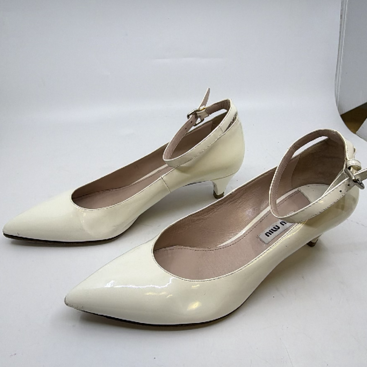 Miu Miu Ankle Strap Kitten Heel White Patent Leather 36 Pump