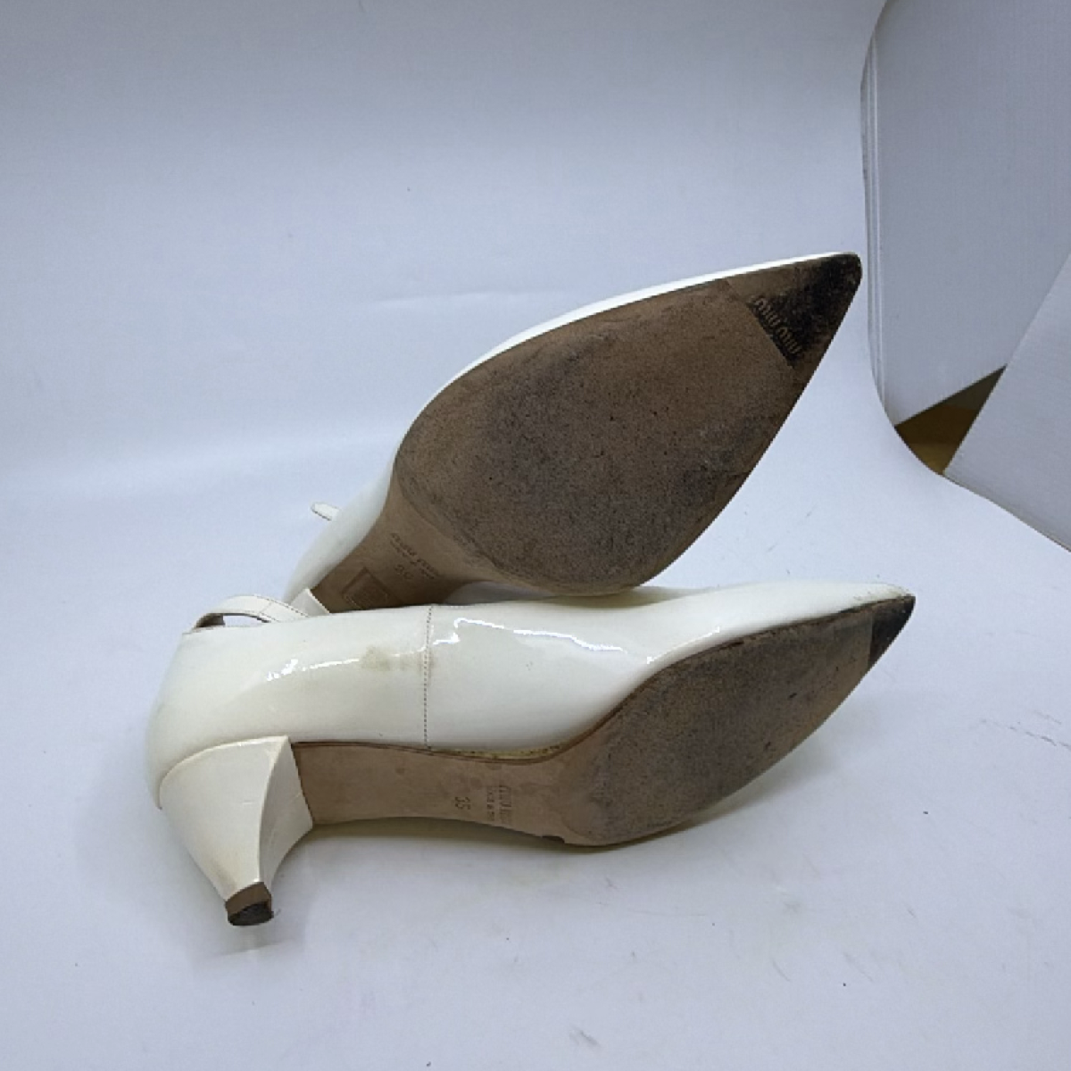 Miu Miu Ankle Strap Kitten Heel White Patent Leather 36 Pump