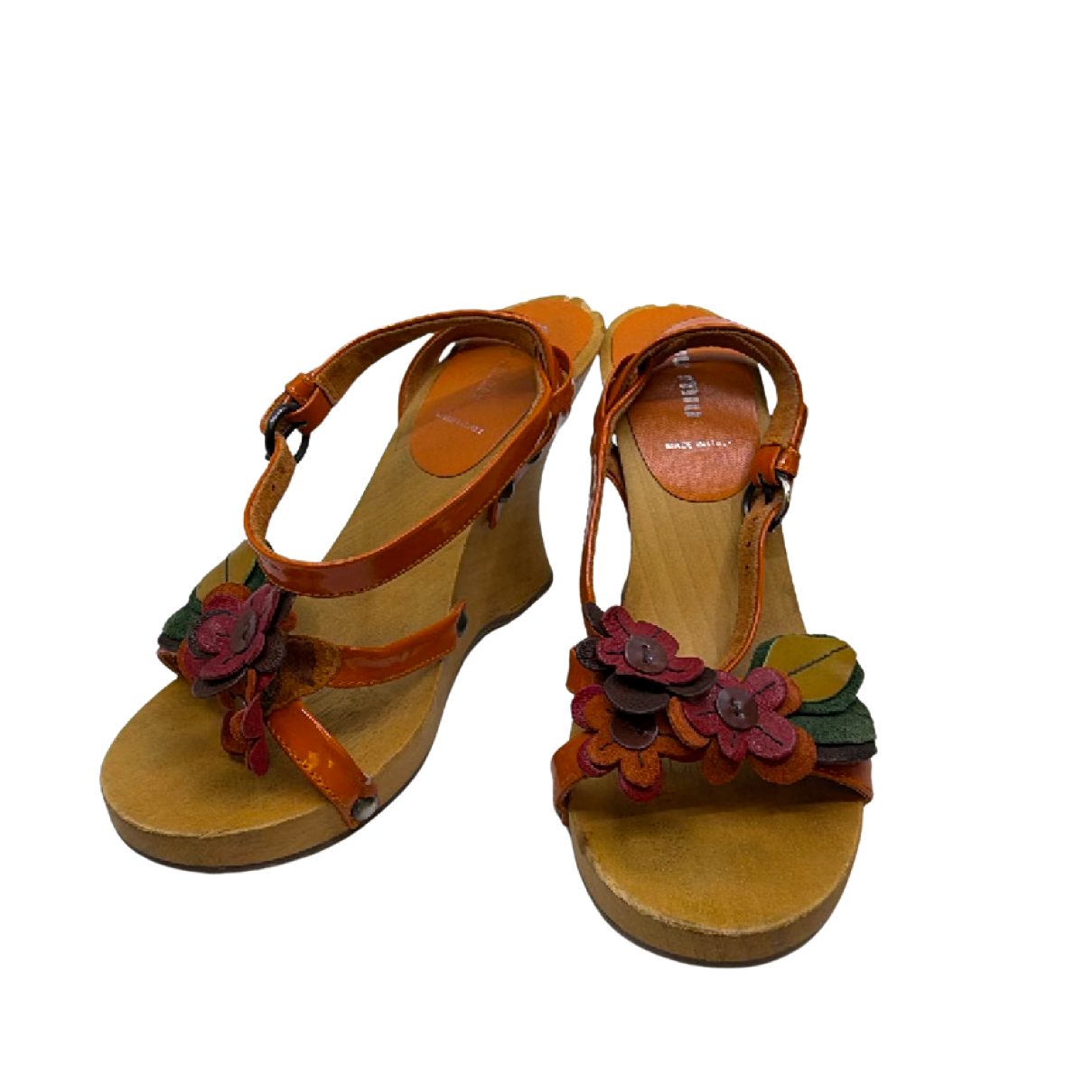 Miu Miu Orange Patent Leather Wood Floral Wedge Sandal 37