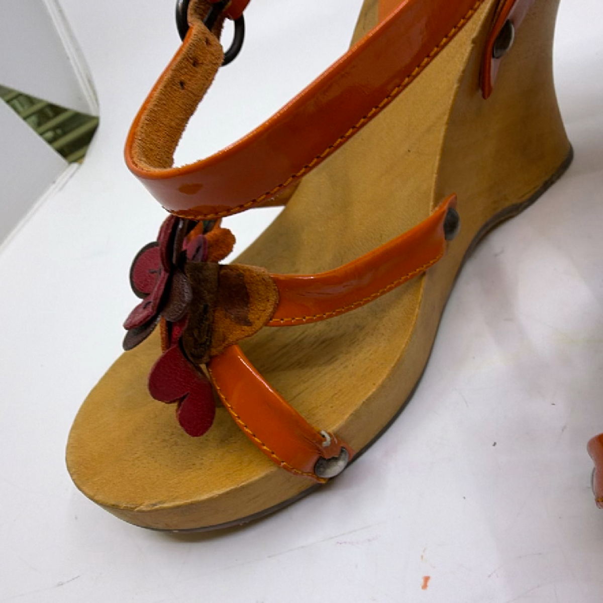 Miu Miu Orange Patent Leather Wood Floral Wedge Sandal 37