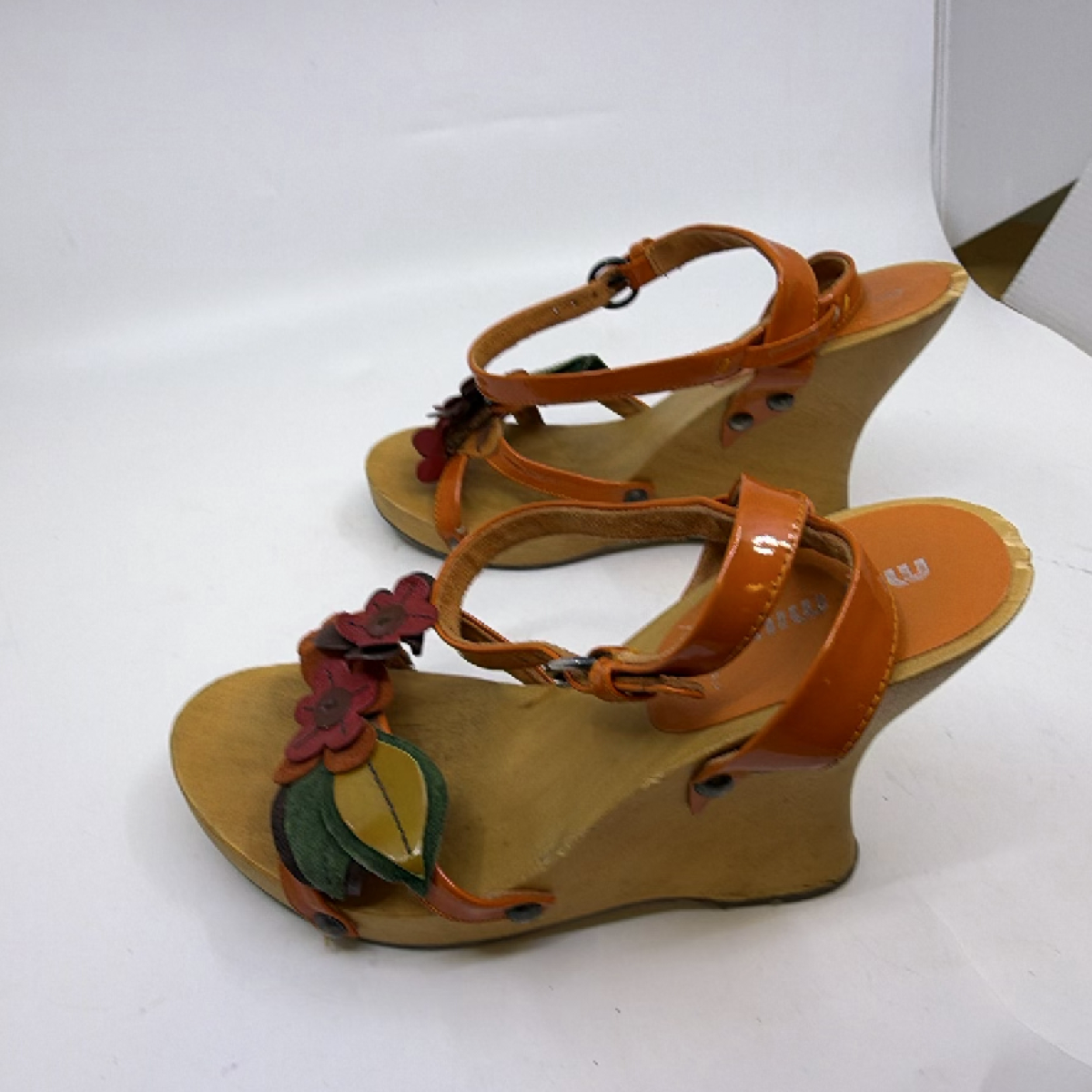 Miu Miu Orange Patent Leather Wood Floral Wedge Sandal 37