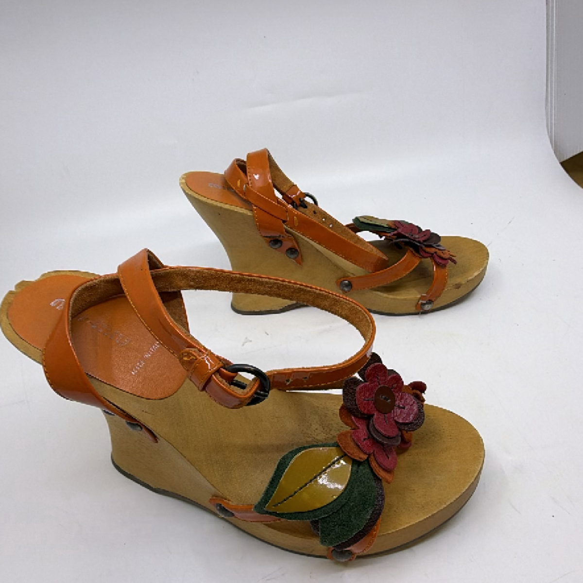 Miu Miu Orange Patent Leather Wood Floral Wedge Sandal 37