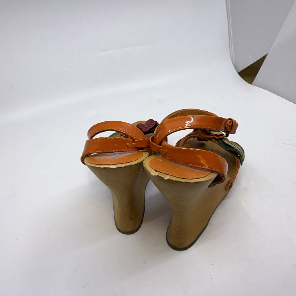 Miu Miu Orange Patent Leather Wood Floral Wedge Sandal 37