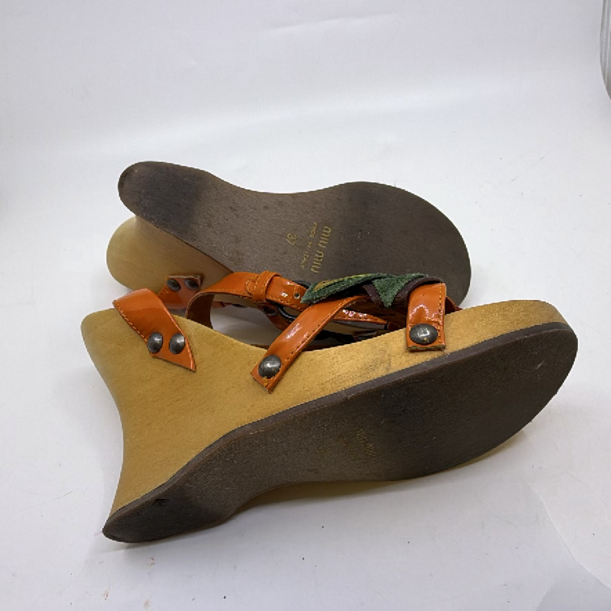 Miu Miu Orange Patent Leather Wood Floral Wedge Sandal 37