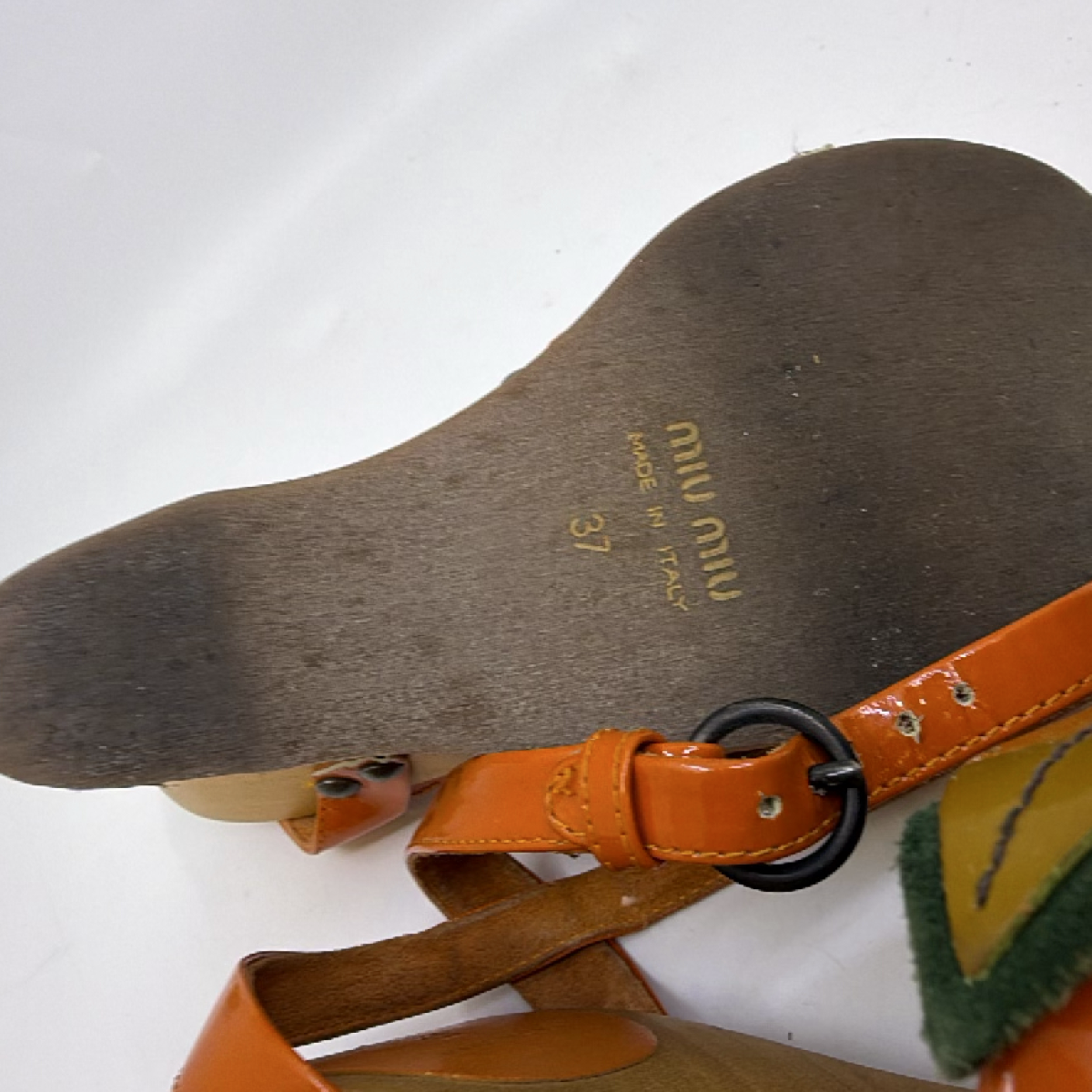 Miu Miu Orange Patent Leather Wood Floral Wedge Sandal 37