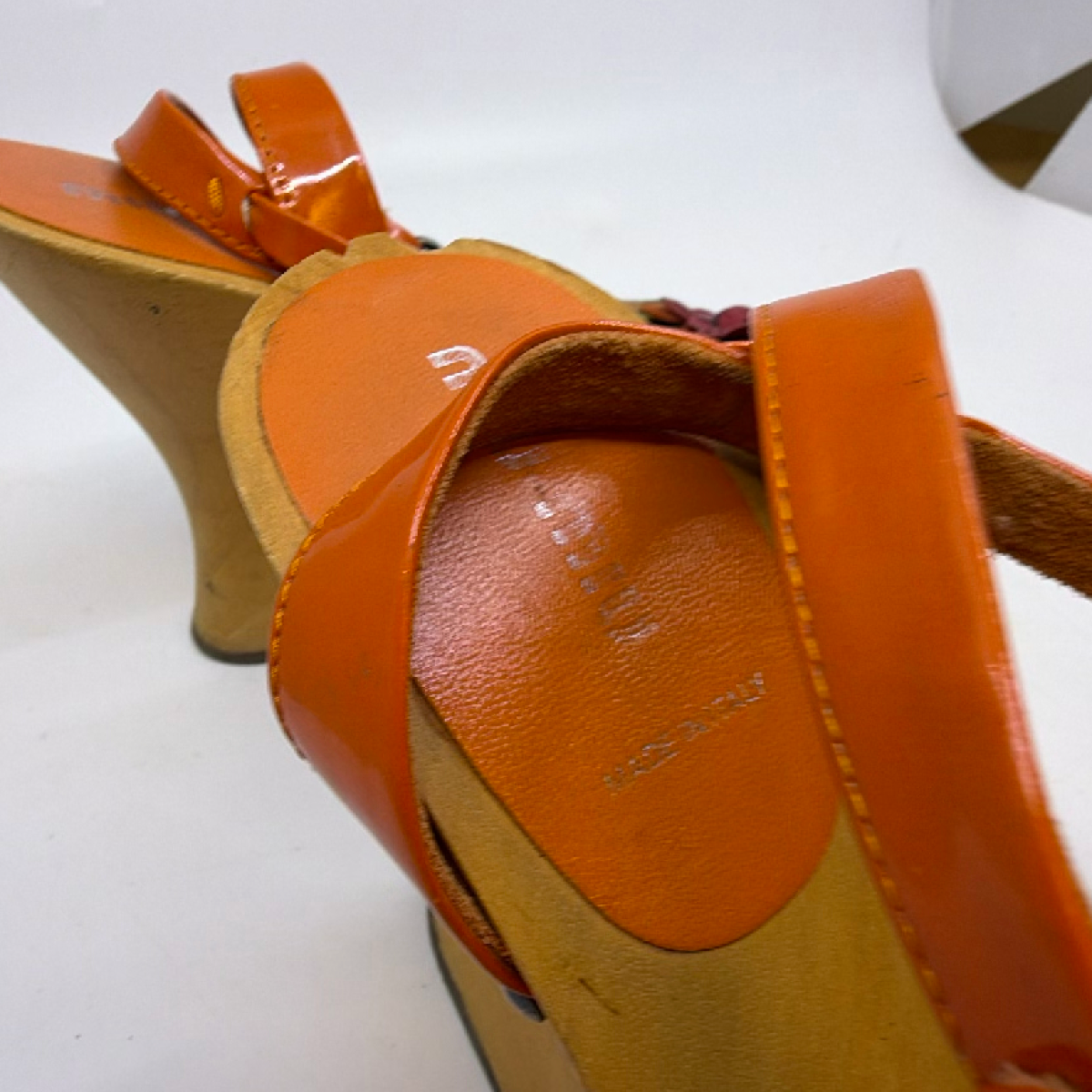 Miu Miu Orange Patent Leather Wood Floral Wedge Sandal 37