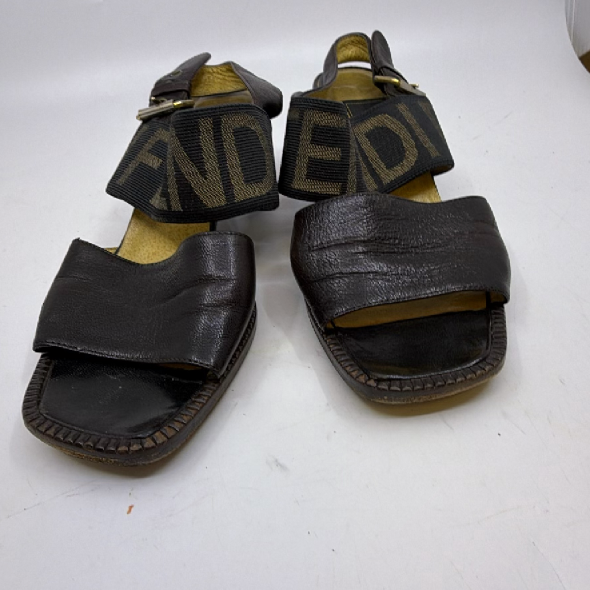 Fendi Slingback Block Heel Brown Zucca Canvas Leather 36 Sandal