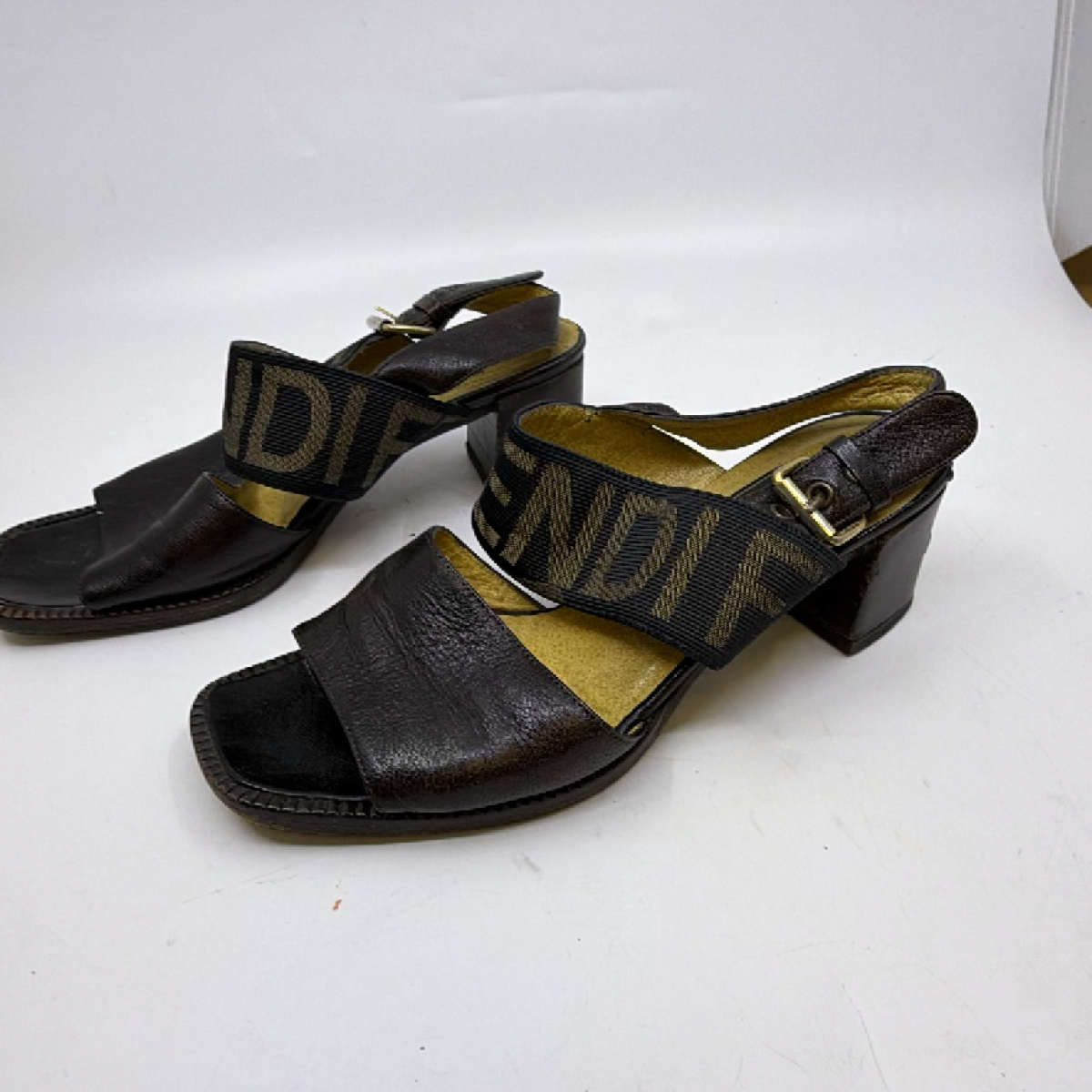Fendi Slingback Block Heel Brown Zucca Canvas Leather 36 Sandal