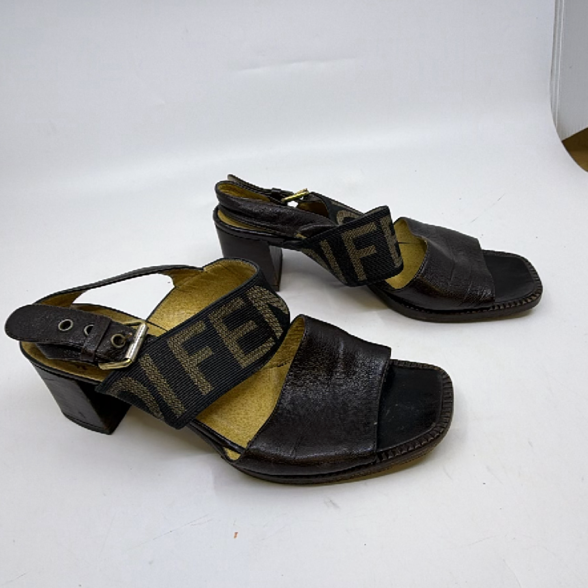 Fendi Slingback Block Heel Brown Zucca Canvas Leather 36 Sandal