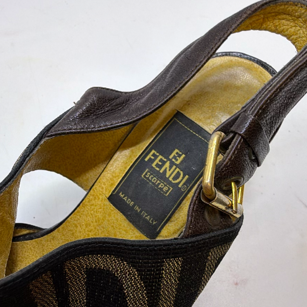 Fendi Slingback Block Heel Brown Zucca Canvas Leather 36 Sandal