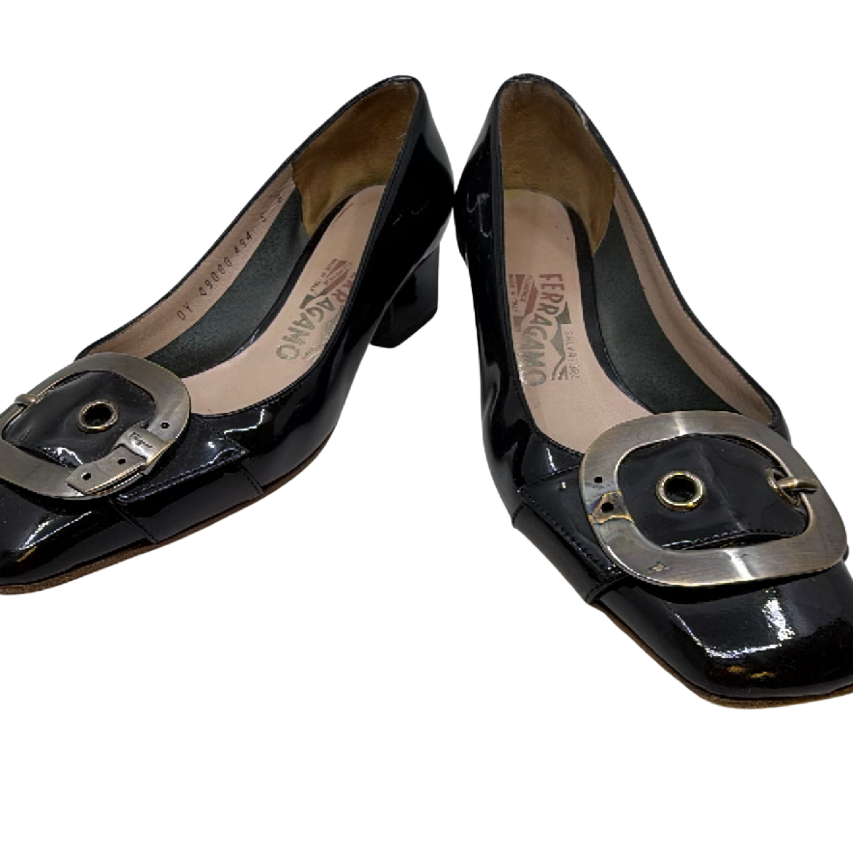 Salvatore Ferragamo Block Heel Buckle Black Patent Leather 6 Pump