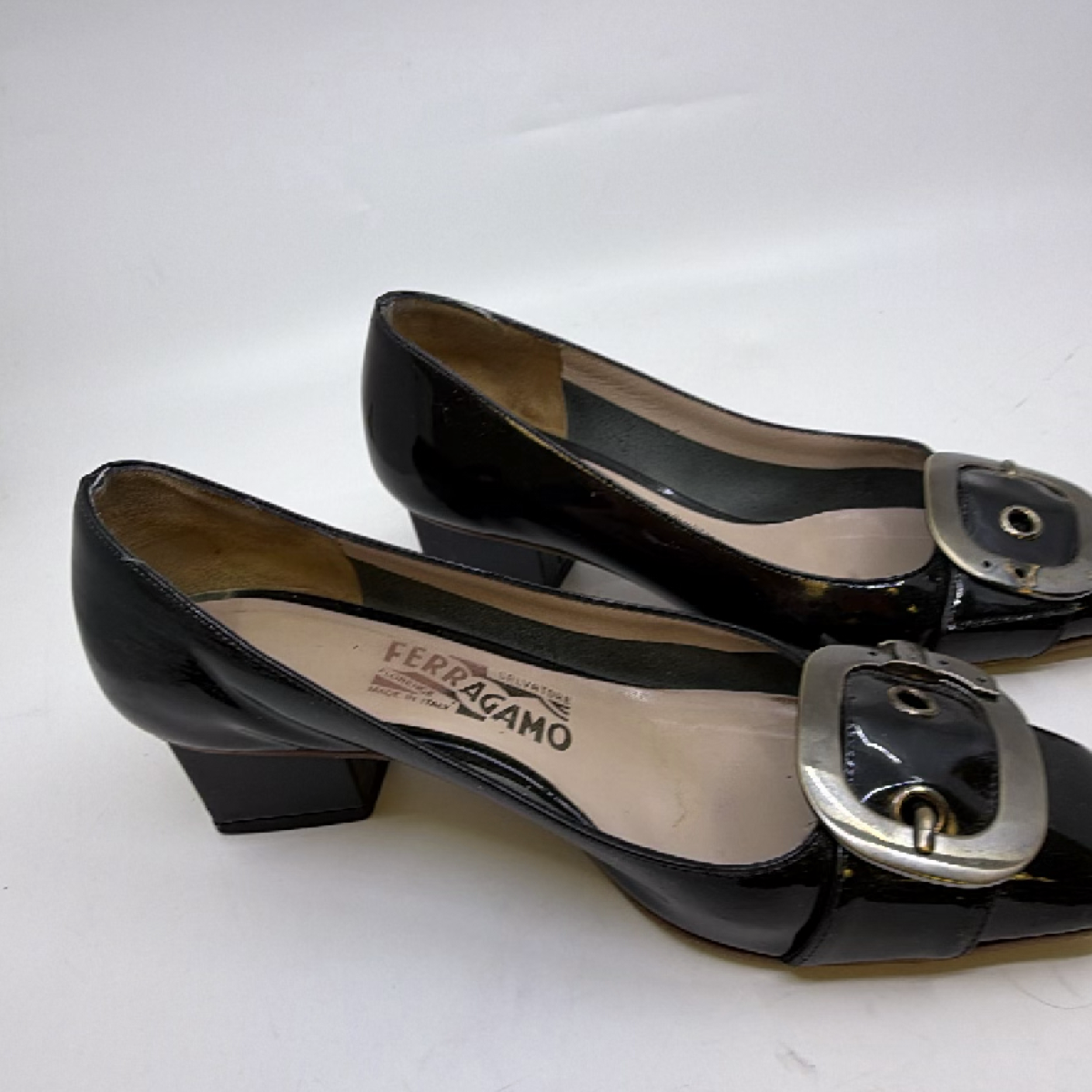Salvatore Ferragamo Block Heel Buckle Black Patent Leather 6 Pump