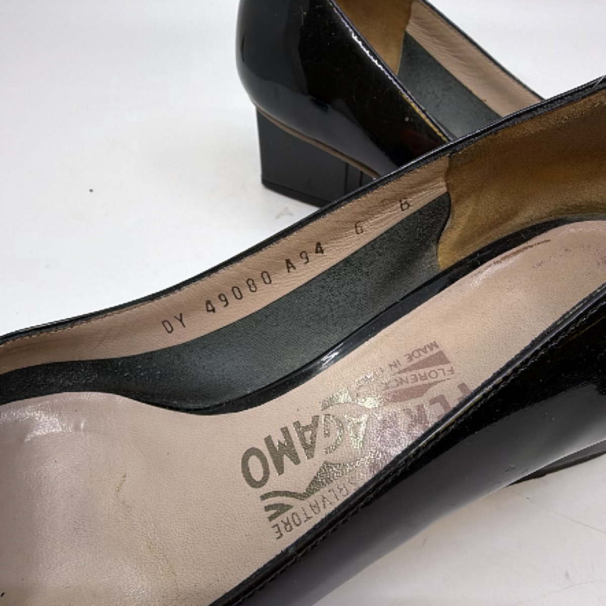Salvatore Ferragamo Block Heel Buckle Black Patent Leather 6 Pump