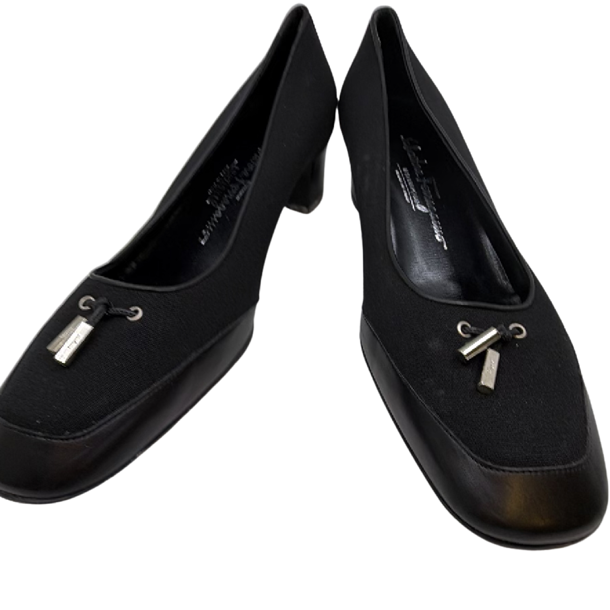 Salvatore Ferragamo Tassel Block Heel Black Textile Leather 7D Pump