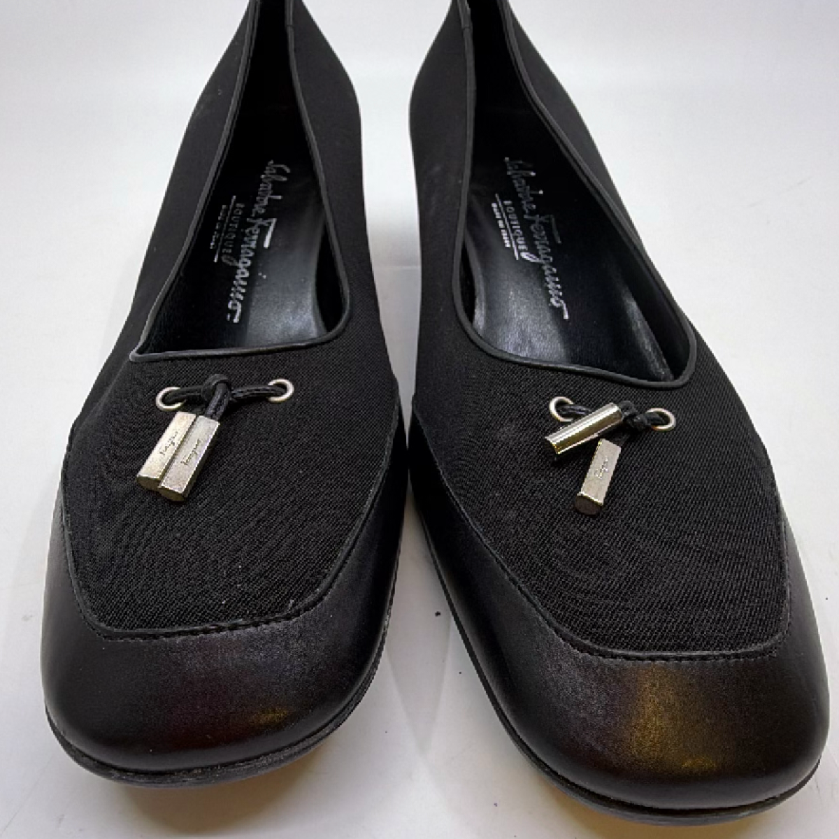 Salvatore Ferragamo Tassel Block Heel Black Textile Leather 7D Pump