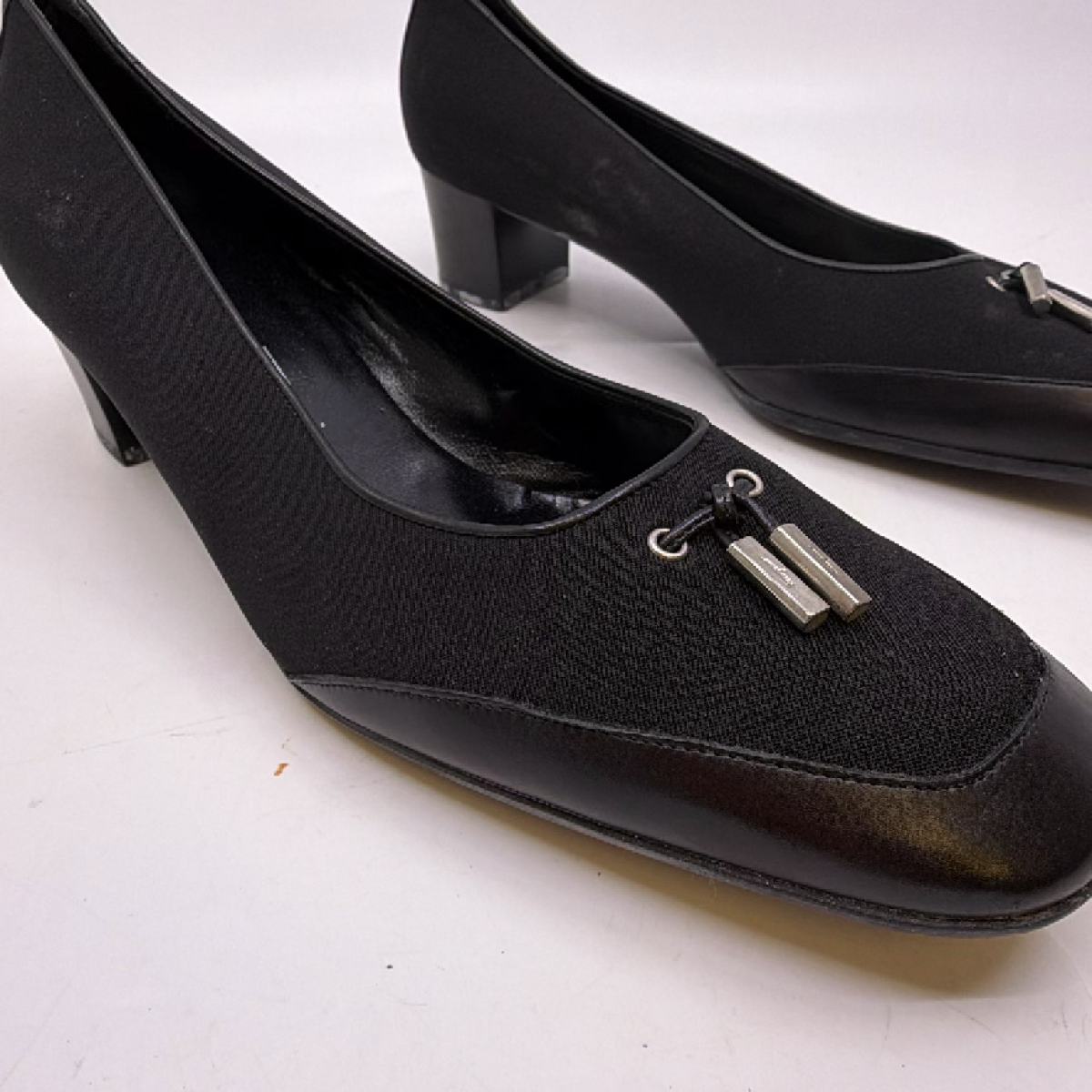 Salvatore Ferragamo Tassel Block Heel Black Textile Leather 7D Pump
